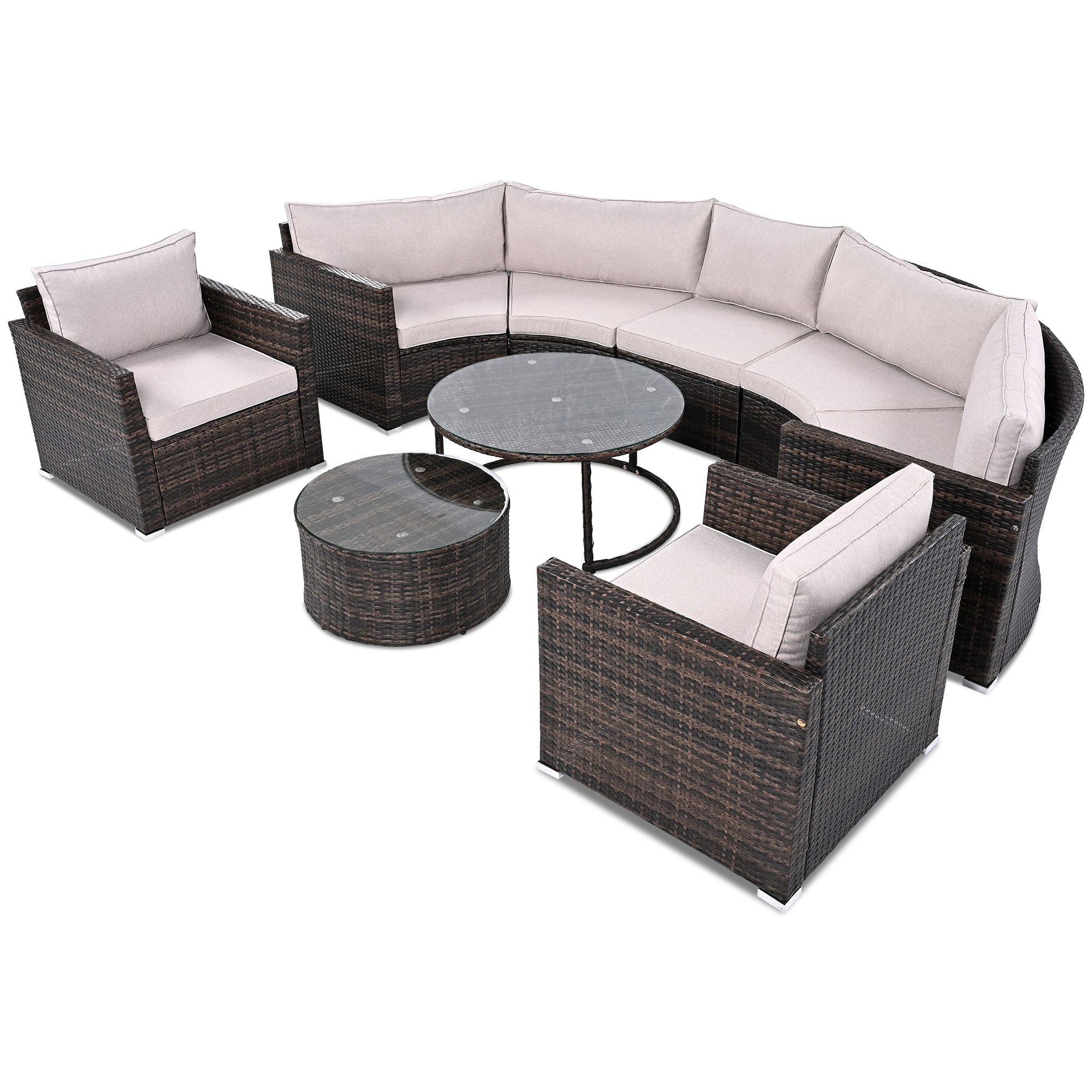 9 Pieces Outdoor Half-Moon Patio Sofa Set, Round Sofa Set, Modern Style Sofa - Brown / Beige