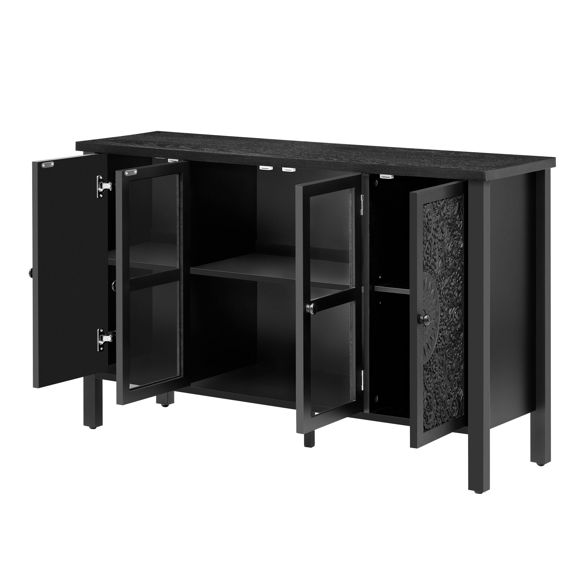 Retro TV Stand With 3 Spacious Cabinets, Glass Cabinet Doors And Anti-Tip Device