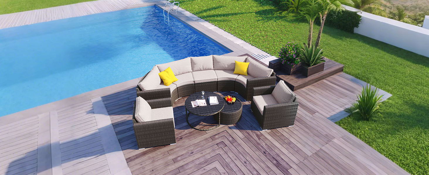 9 Pieces Outdoor Half-Moon Patio Sofa Set, Round Sofa Set, Modern Style Sofa - Brown / Beige
