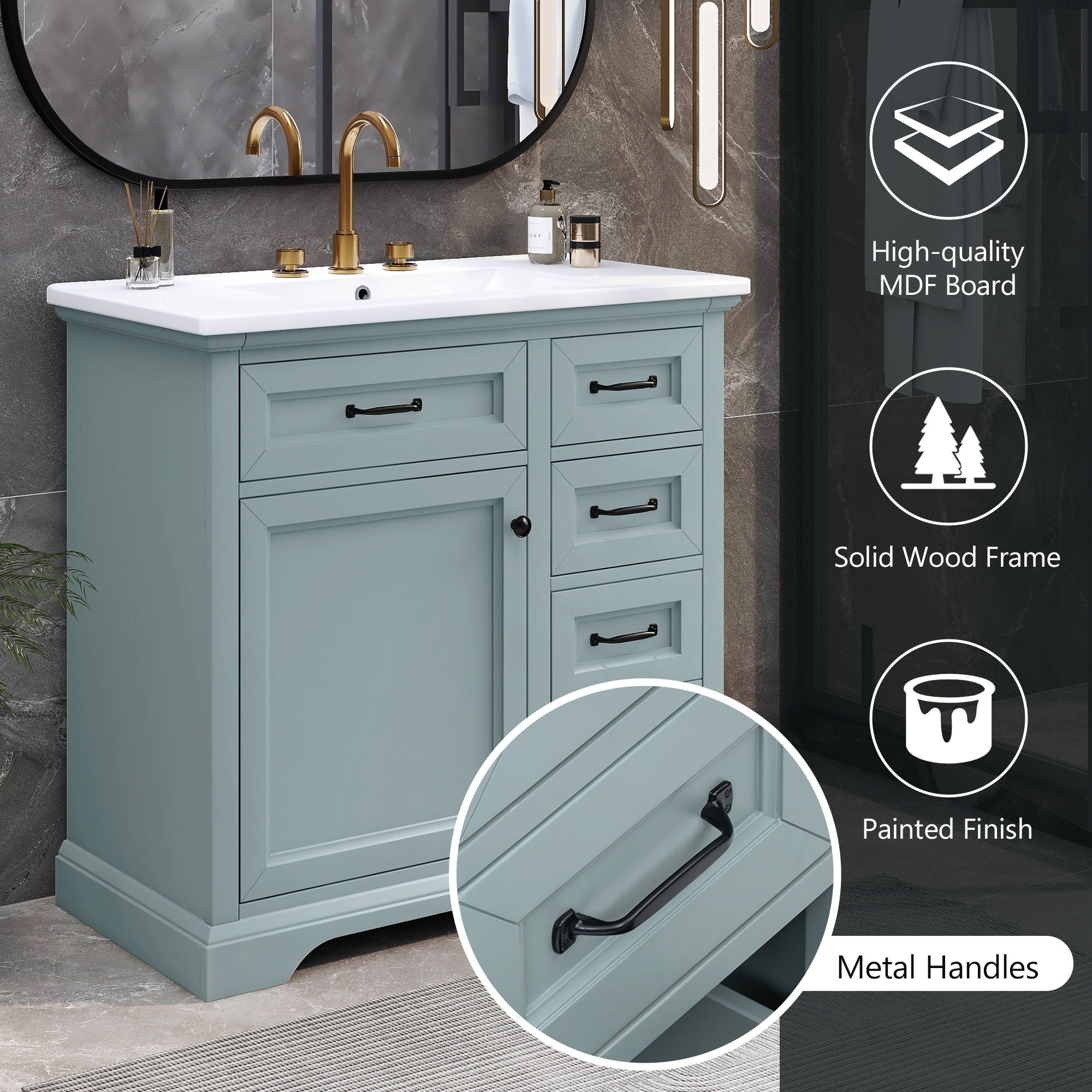 36" Bathroom Vanity With Sink, 2 Tip Out Drawers, Soft Close Hinges