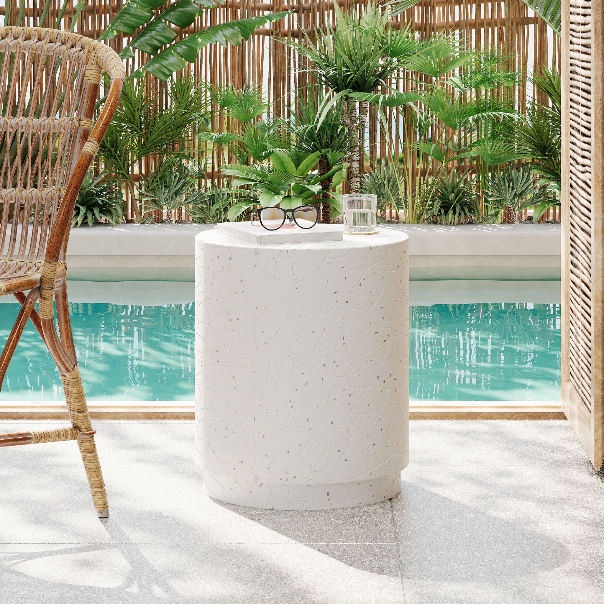 Outdoor Terrazzo Concrete Drum End Table, Living Room Accent Table - White Terrazzo