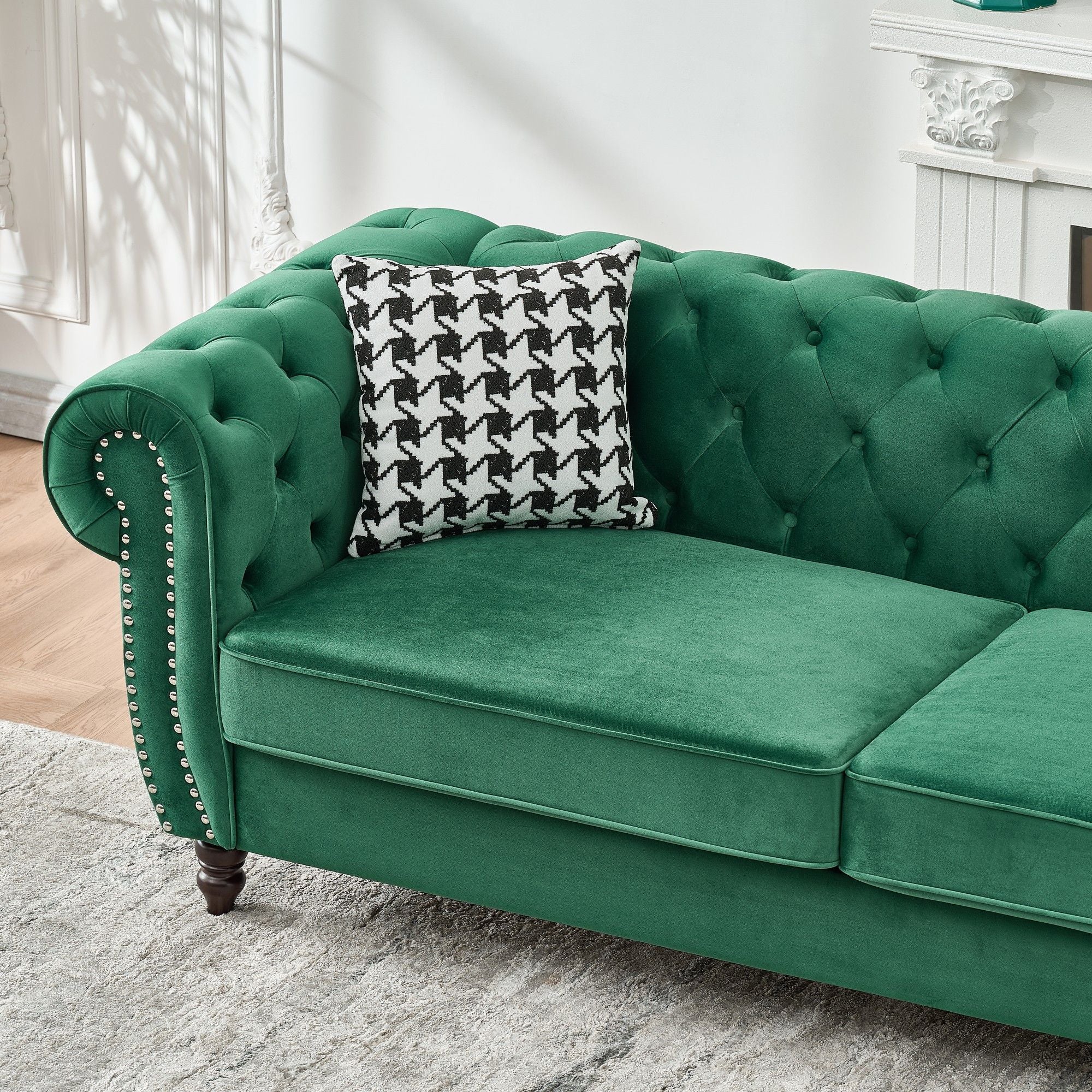 Mid Century Chesterfield Velvet Fabric Sofa With Roll Armrest & Nailhead, Green, 87 Inches