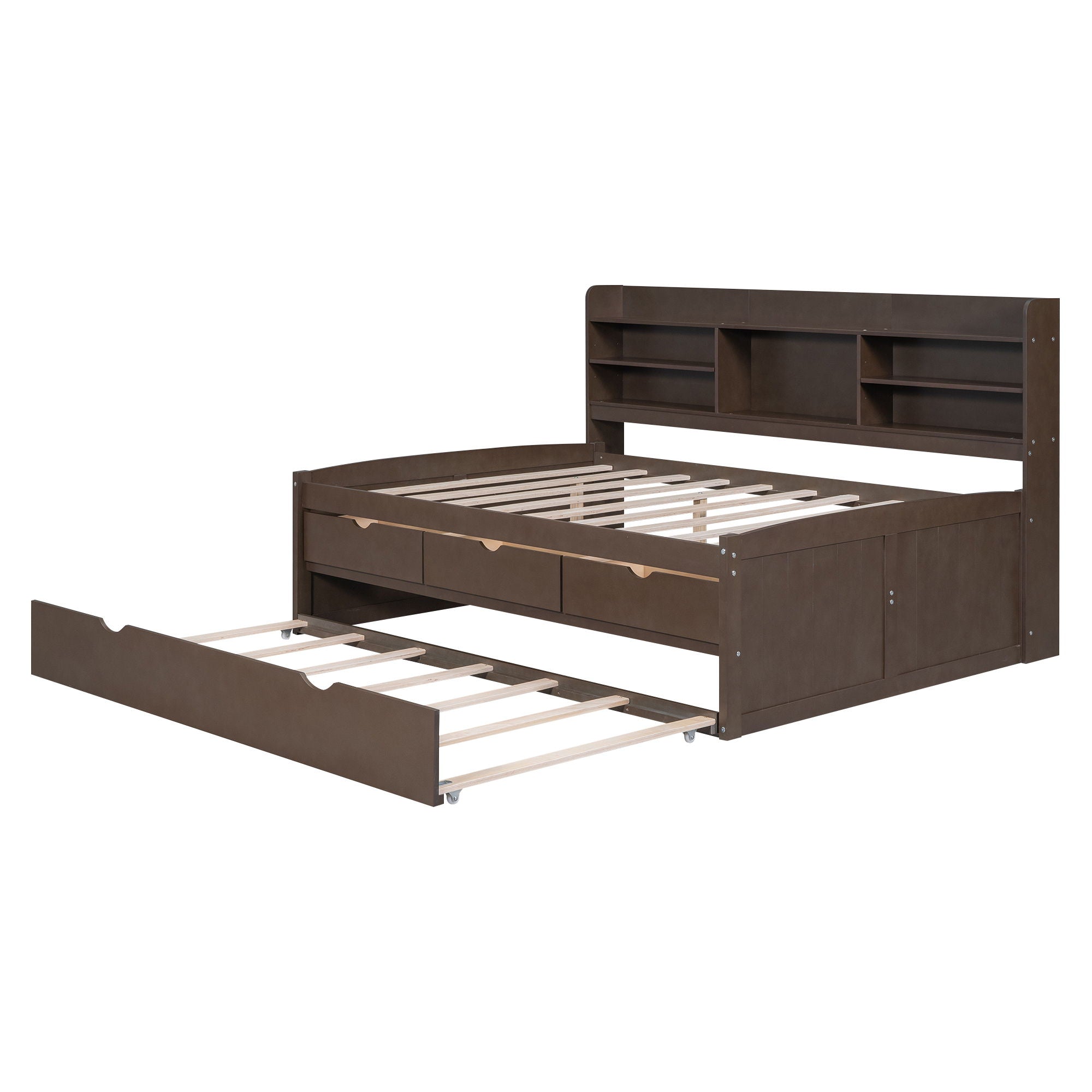 Captain Bed With Built In Bookshelves, 3 Storage Drawers, And Trundle