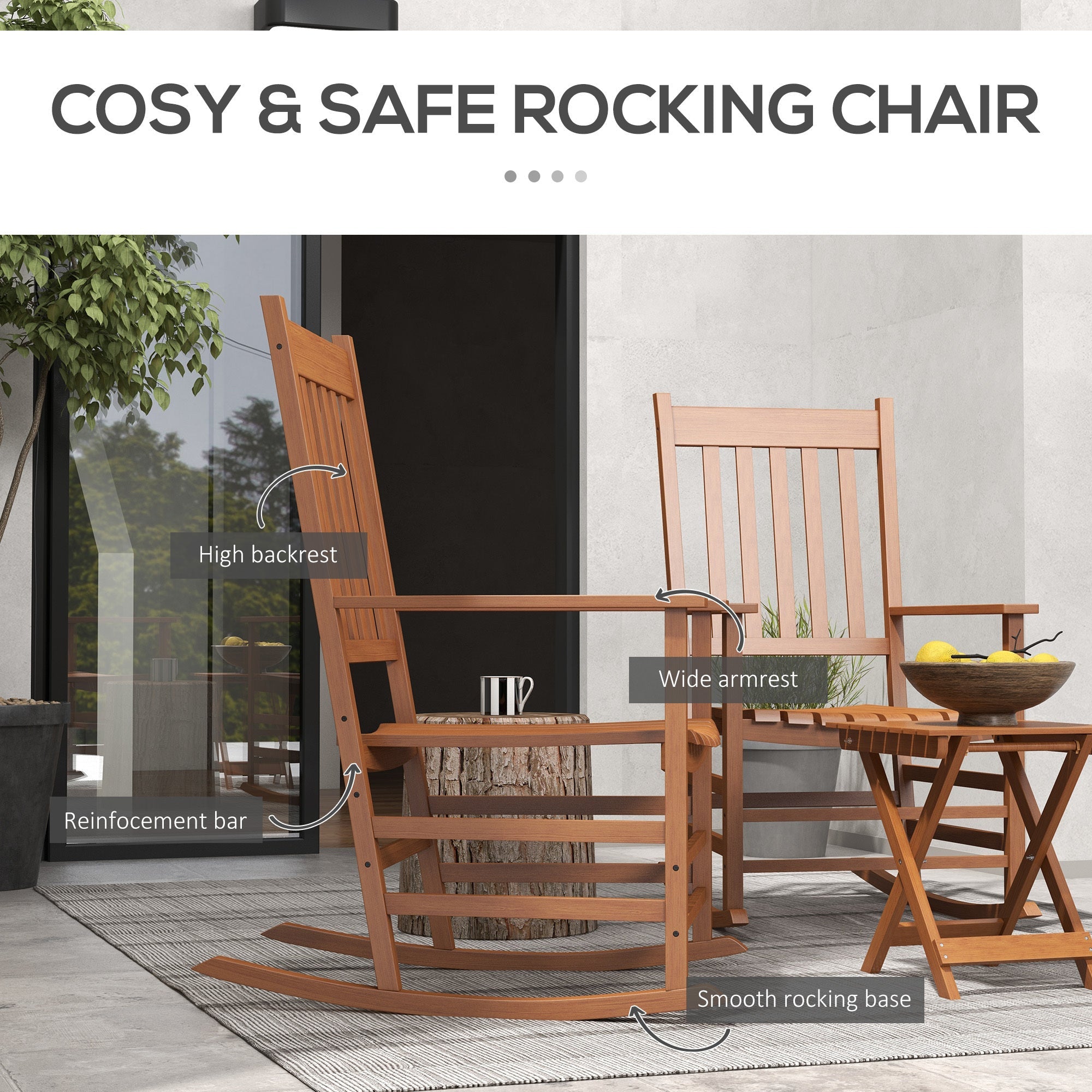 Outdoor rocking chair set of 2 with side table, wooden rocking chair with smooth armrests, high back ,  teak