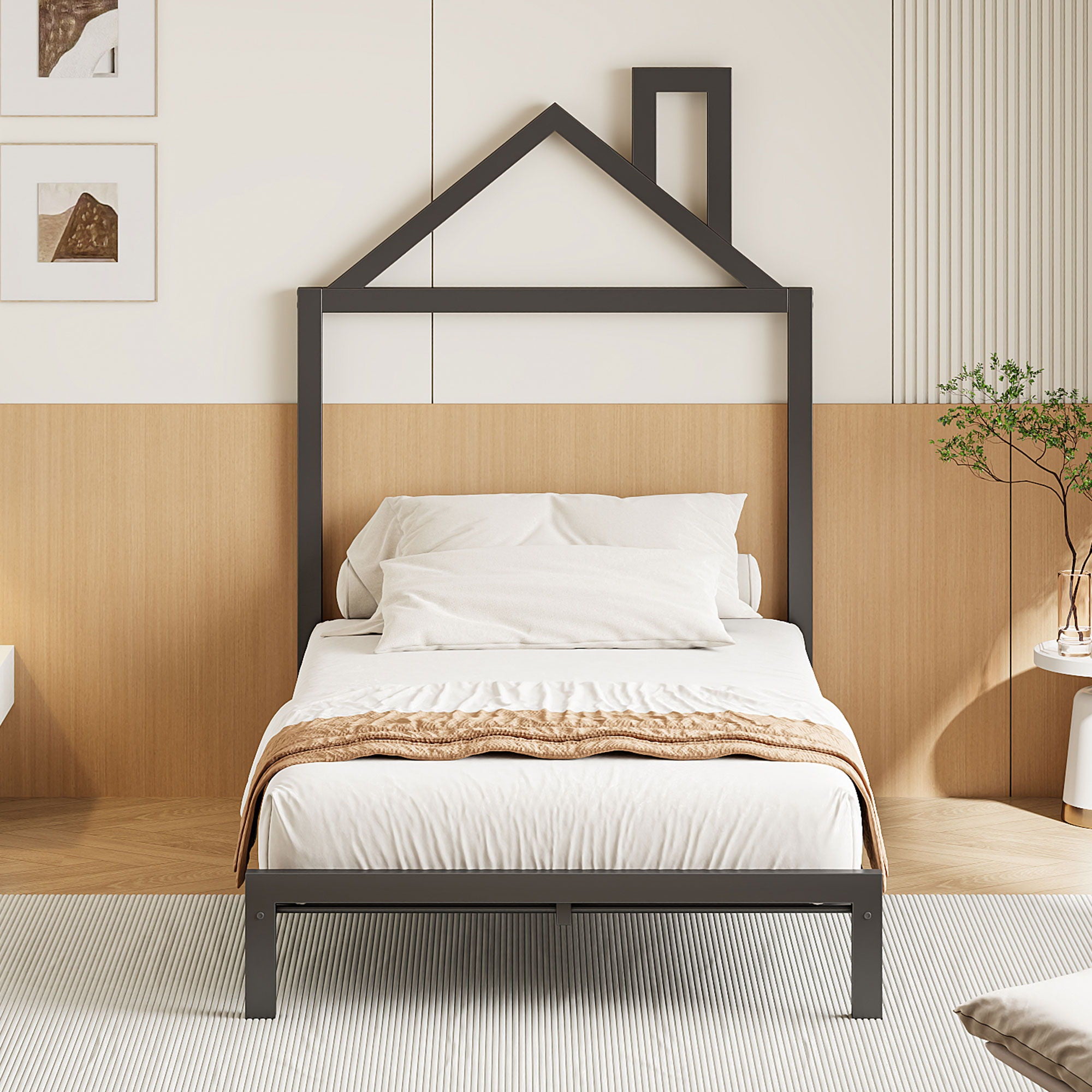 Metal Platform Bed With House-Shaped Headboard Design