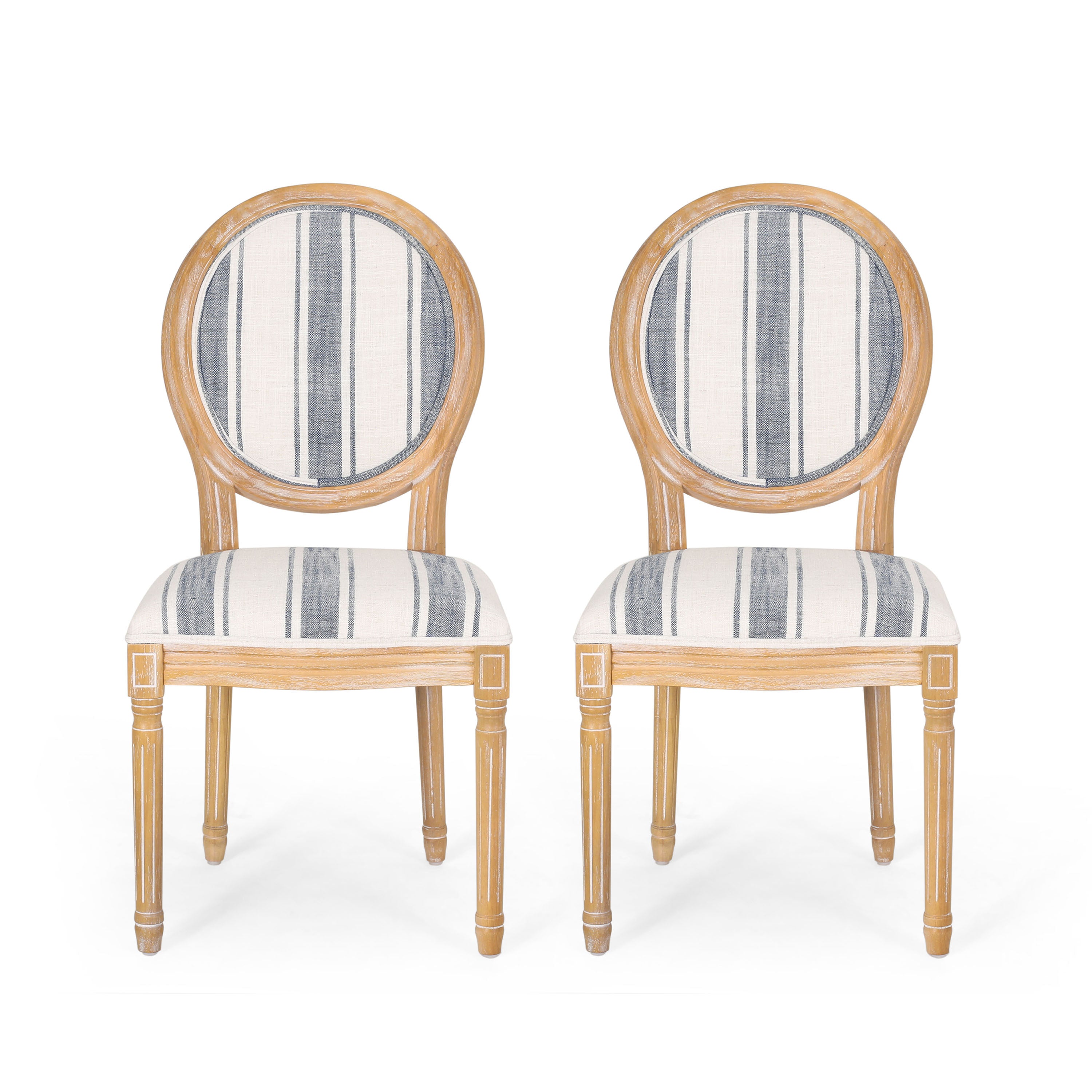 French Country-Inspired KD Dining Chair with Iconic Round Backrest in Blue Fabric