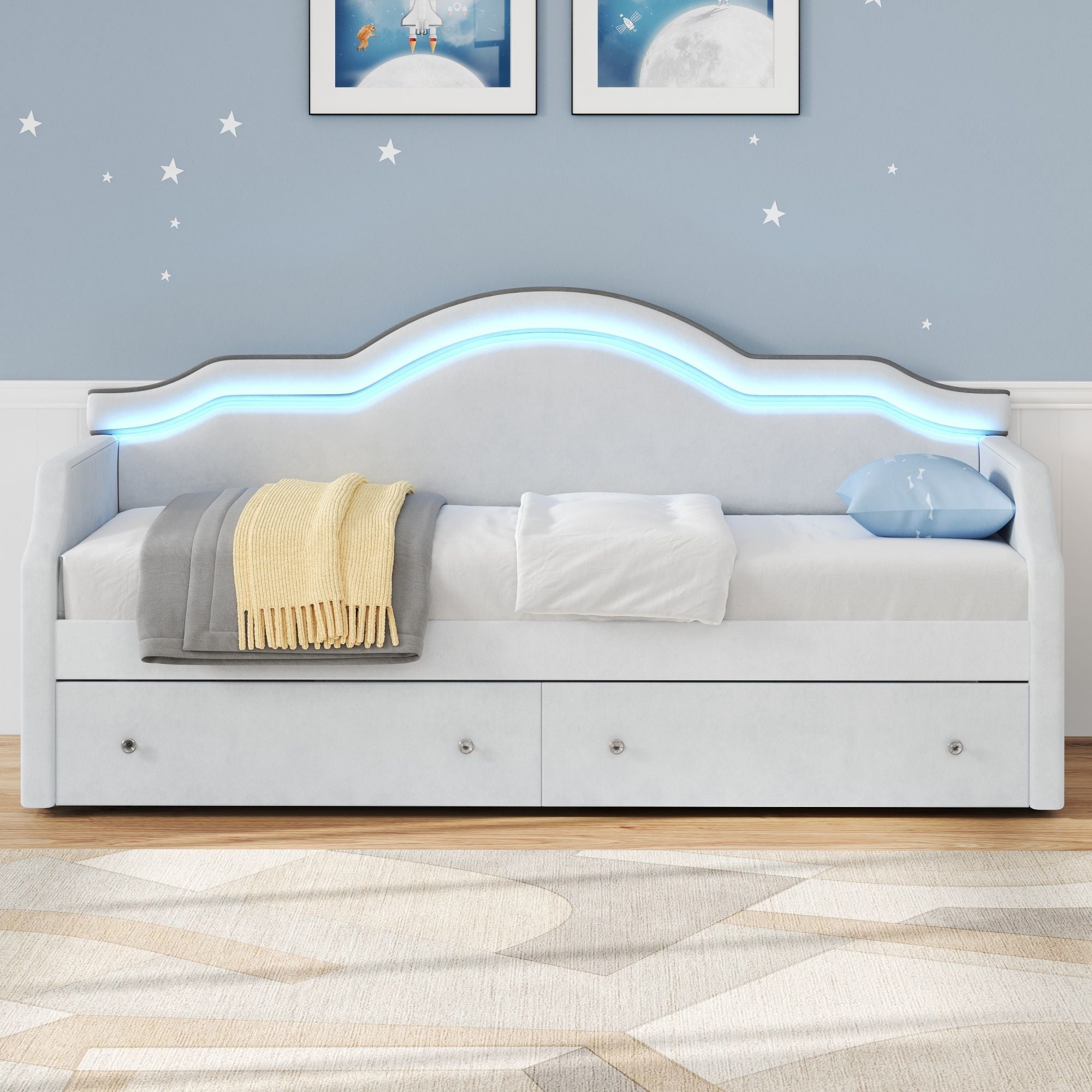 Upholstered Daybed With LED Lights And 2 Drawersme