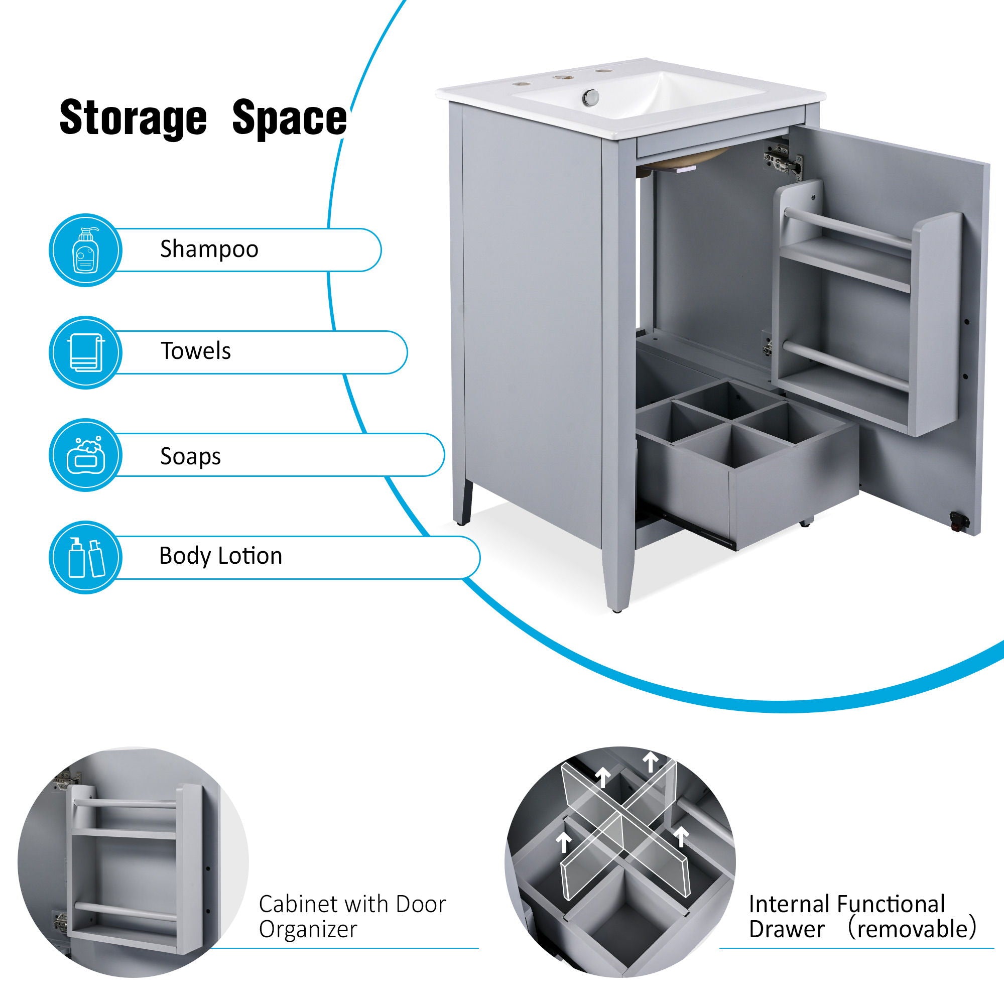 Modern Bathroom Vanity With Sink, Functional Drawer, Soft- Closing Door
