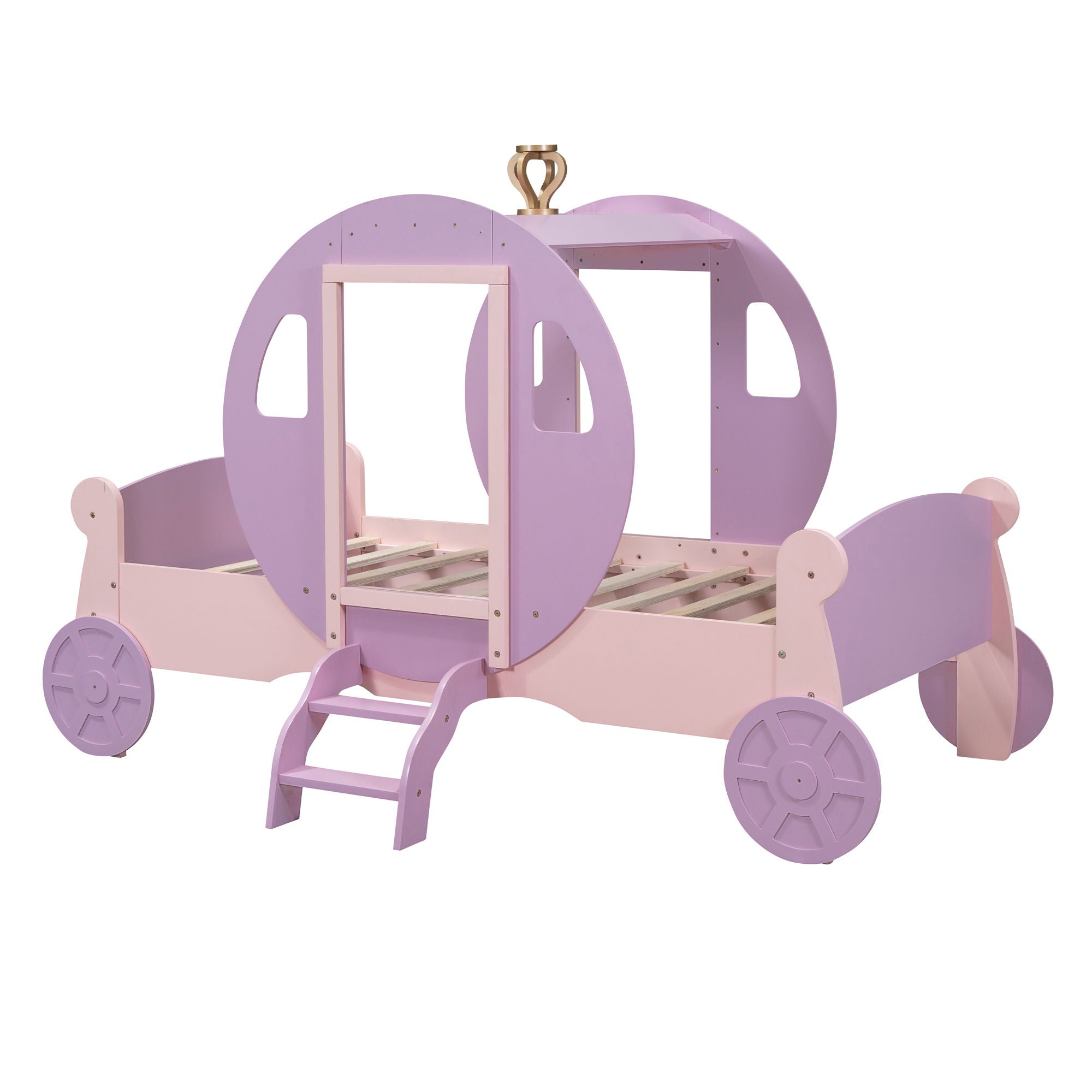 Princess Carriage Bed With Crown, Platform Car Bed With Stair
