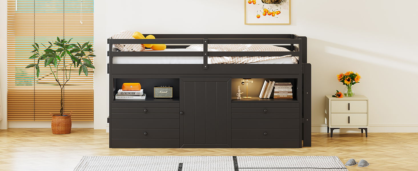 Loft Bed With 4 Drawers, Underneath Cabinet And Shelves