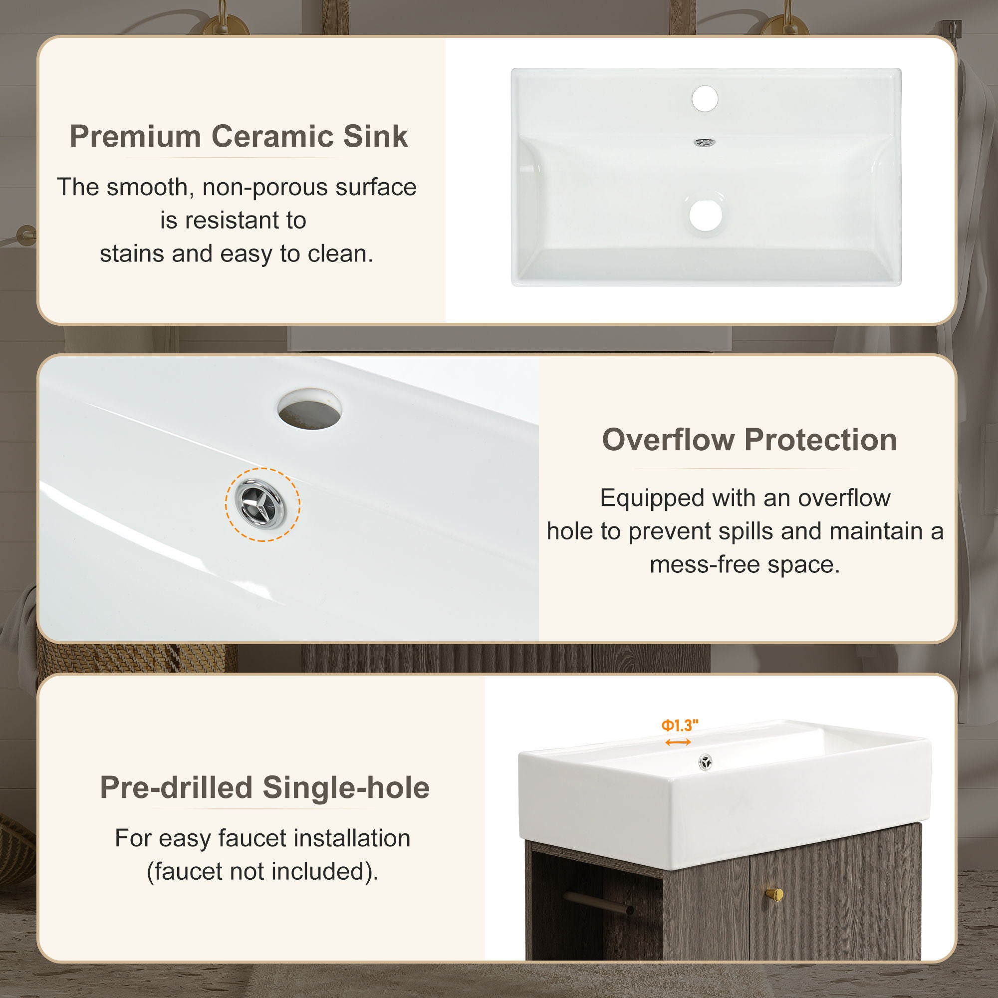 Bathroom Vanity With Sink, Freestanding Wood Grain Cabinet With Storage