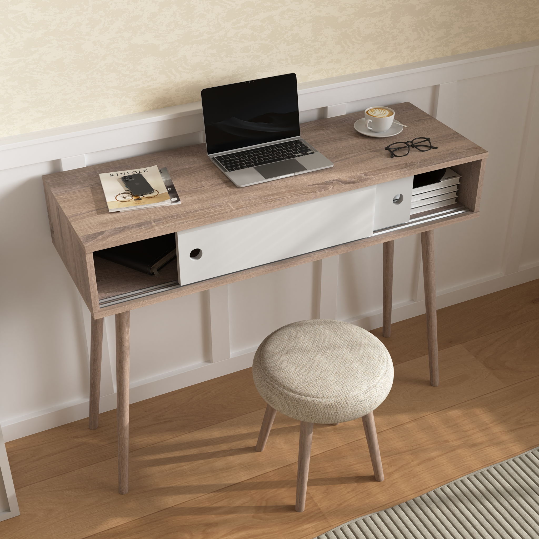 Rustic Entryway Console Table With Sliding White Doors And Wood Legs - Natural
