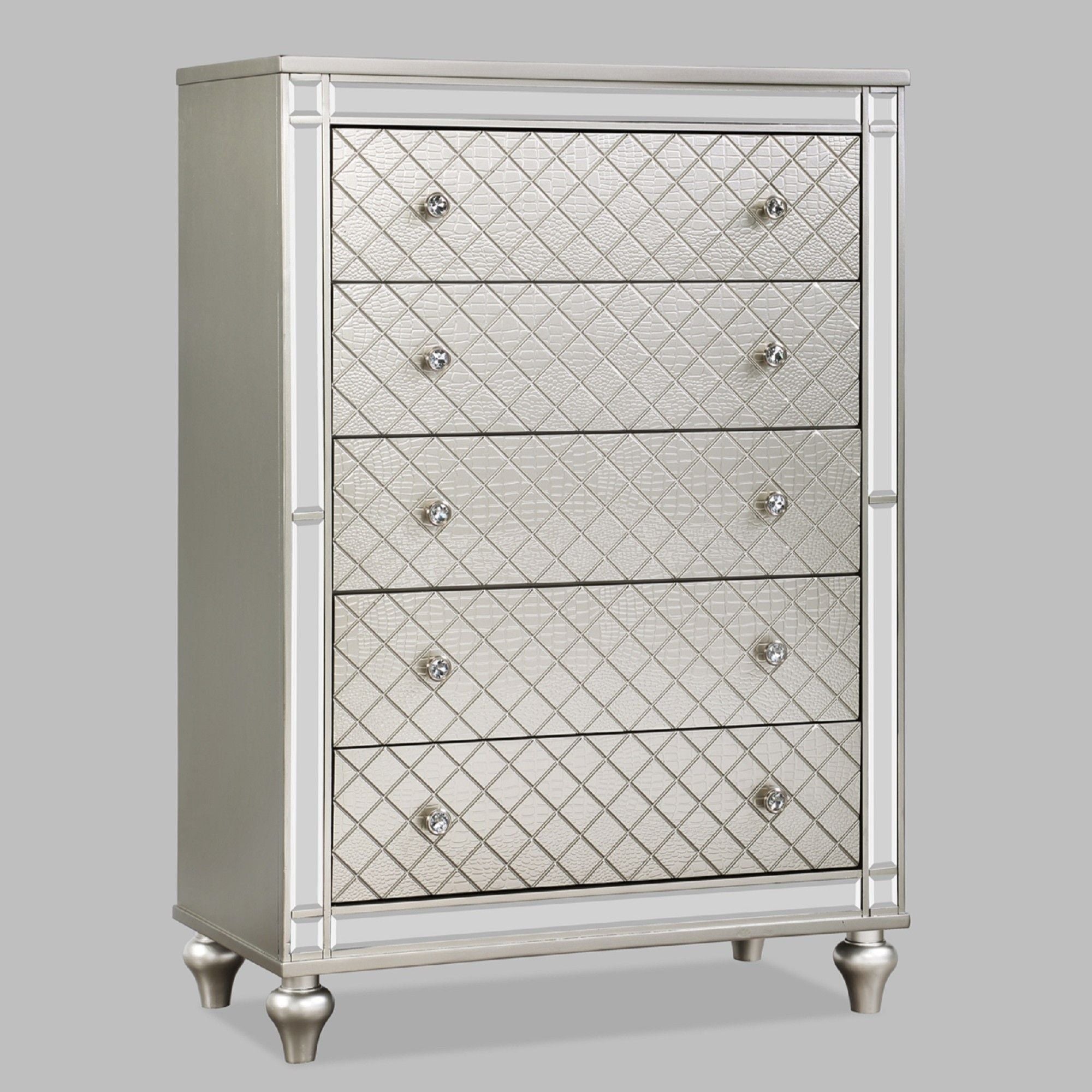5 Drawer Bedroom Chest With Diamond Patterned Fronts - Silver