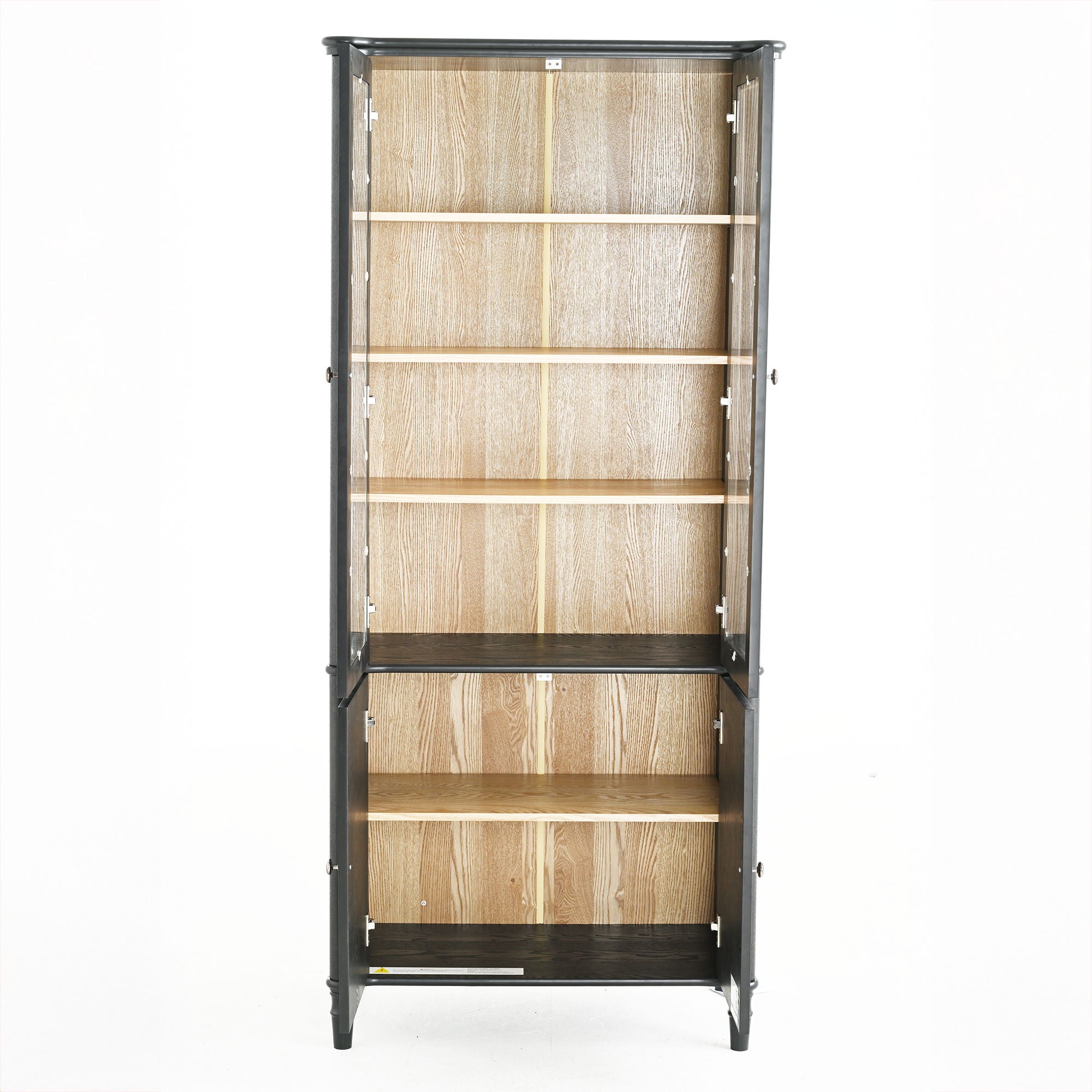 Vintage Display Cabinet With Double Glass Doors, Traditional Style For Collectibles, Ash Wood Veneer, 73.25" Tall - Black / Natural