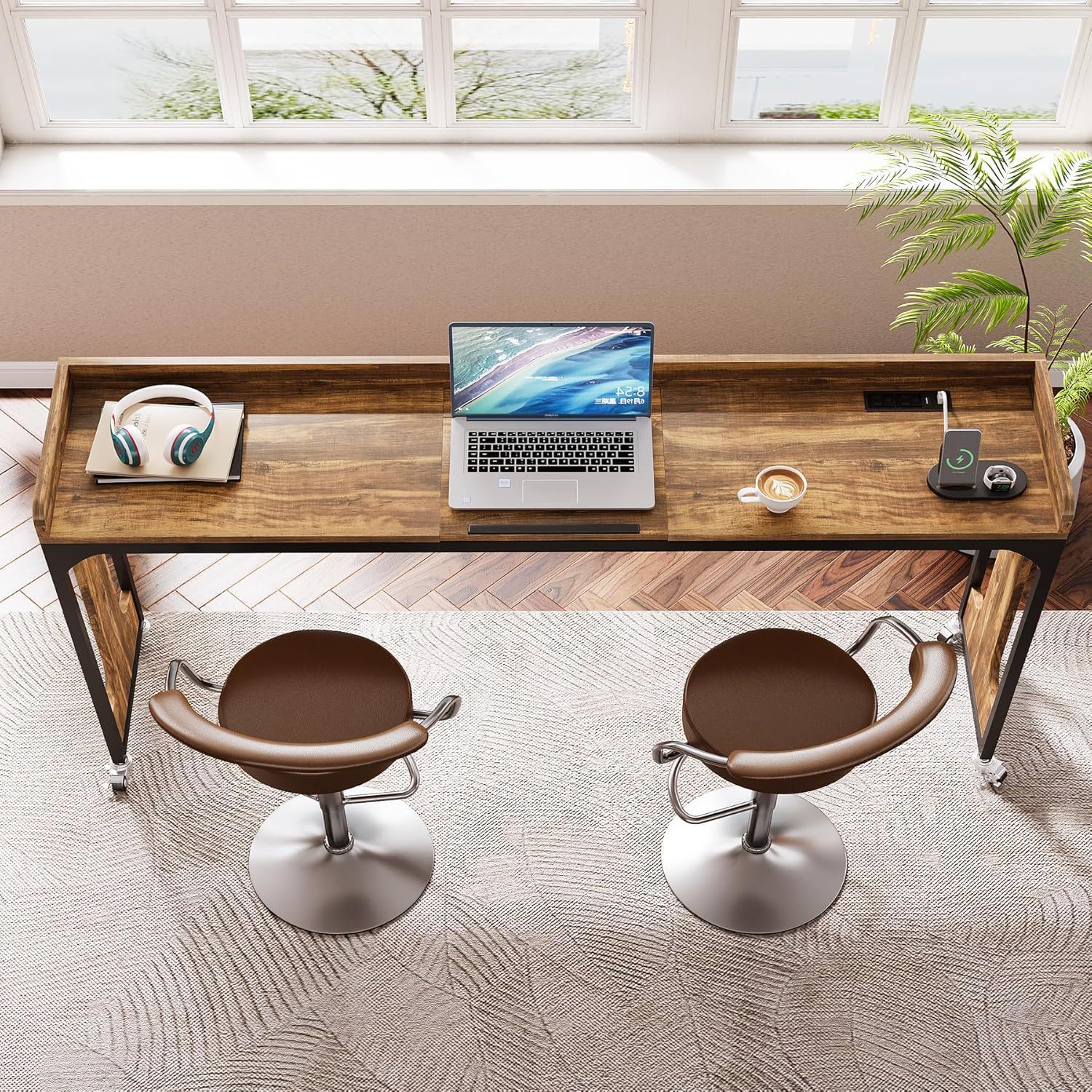 Height Adjustable Overbed Table With Wheels, Queen Size Mobile Laptop Desk, Rolling Computer Cart With Tiltable Stand And Built In Outlets & USB Ports - Rustic Brown