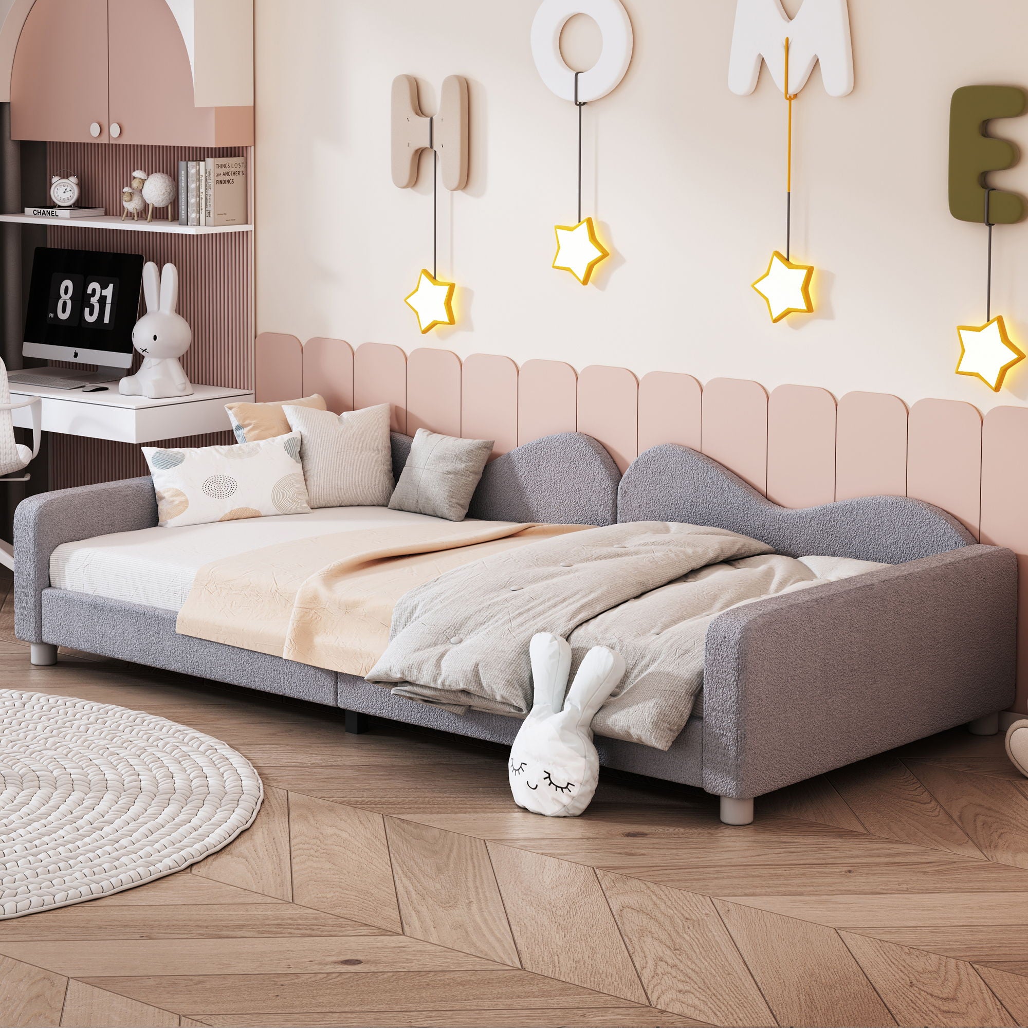 Upholstered Daybed, Sherpa Fabric Sofabed With Cloud-Shaped Backrest