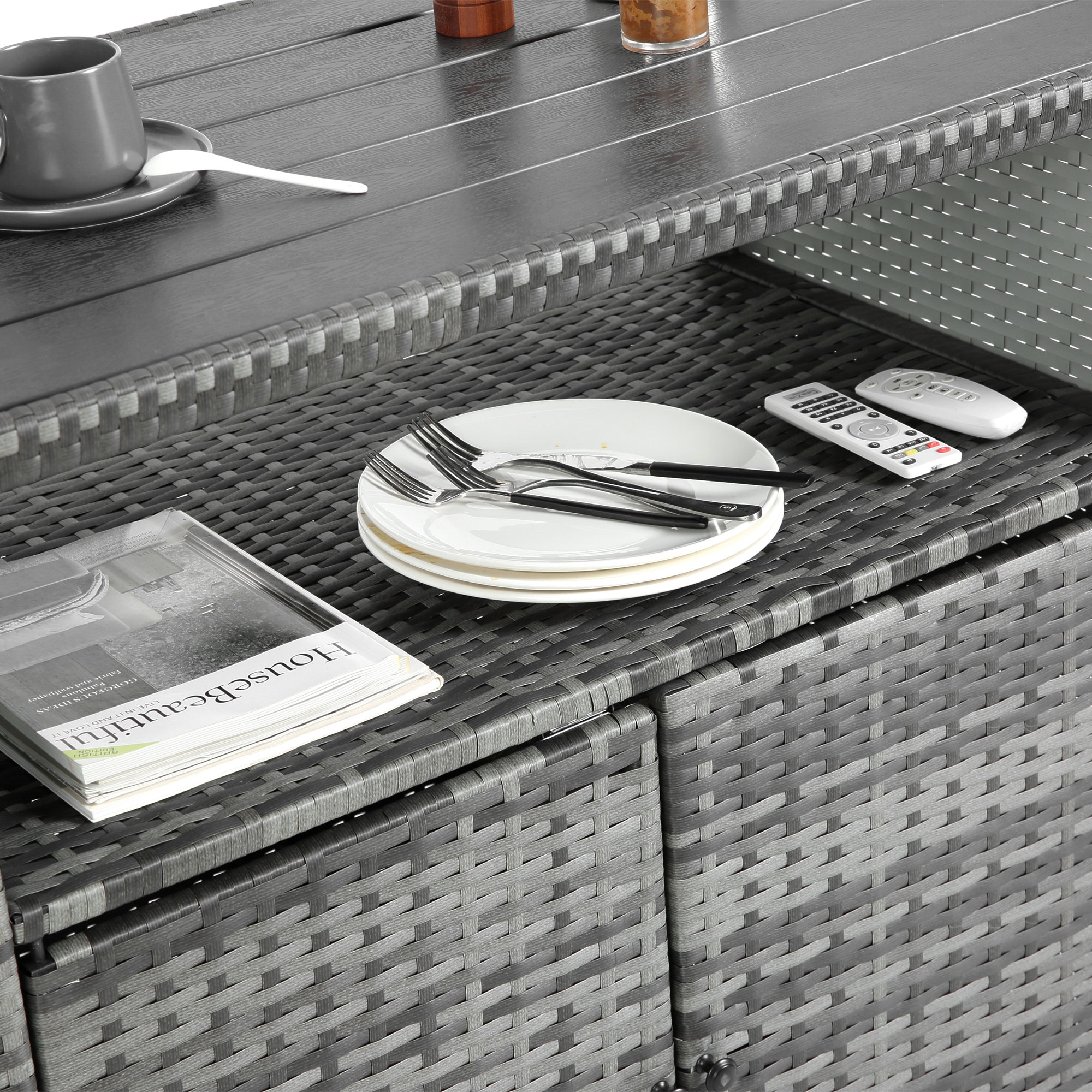 Outdoor Wicker Bar Cart with Glass Top and Wheels