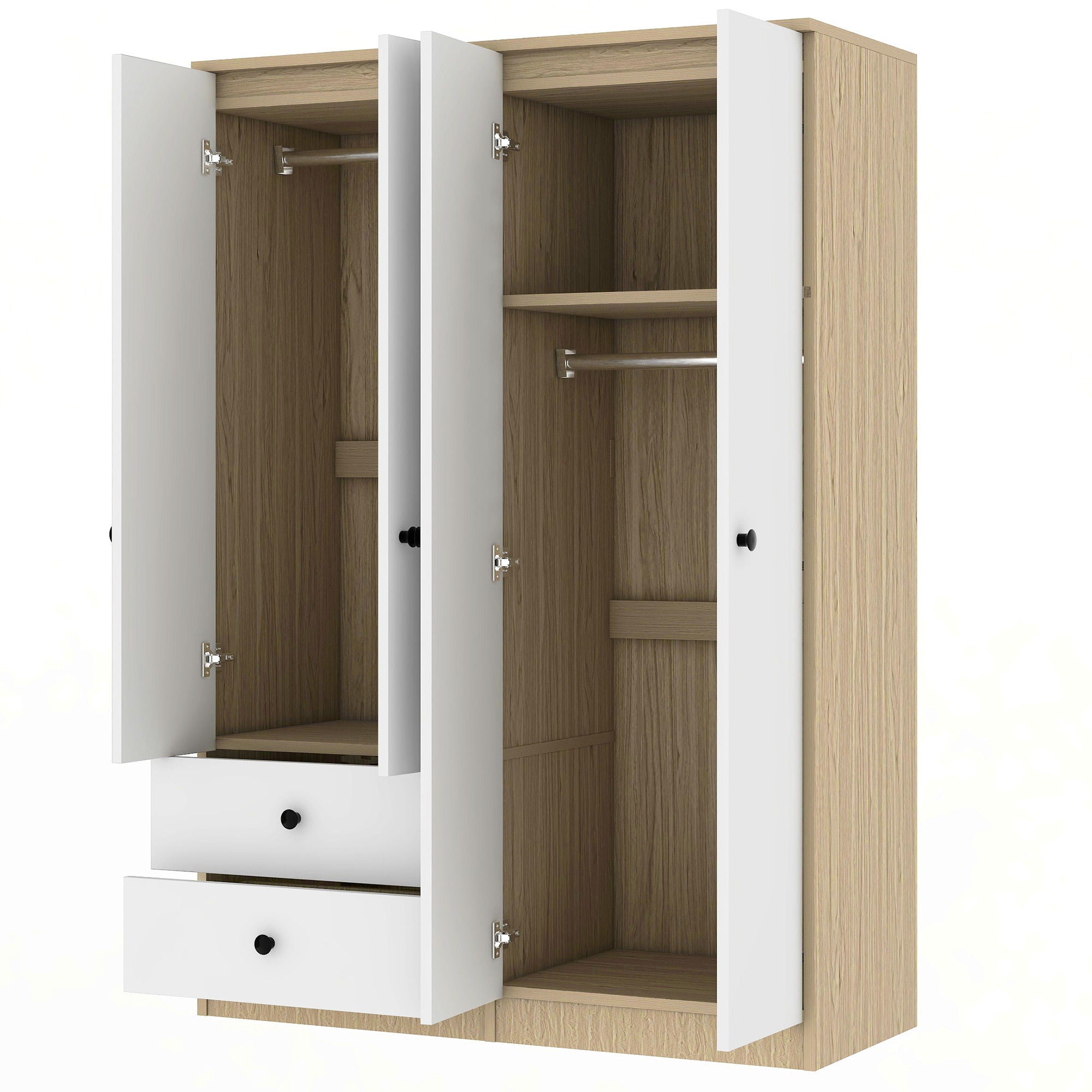 4 Door Wardrobe Closet With Drawers, Shelf, And Hanging Rod - White / Natural
