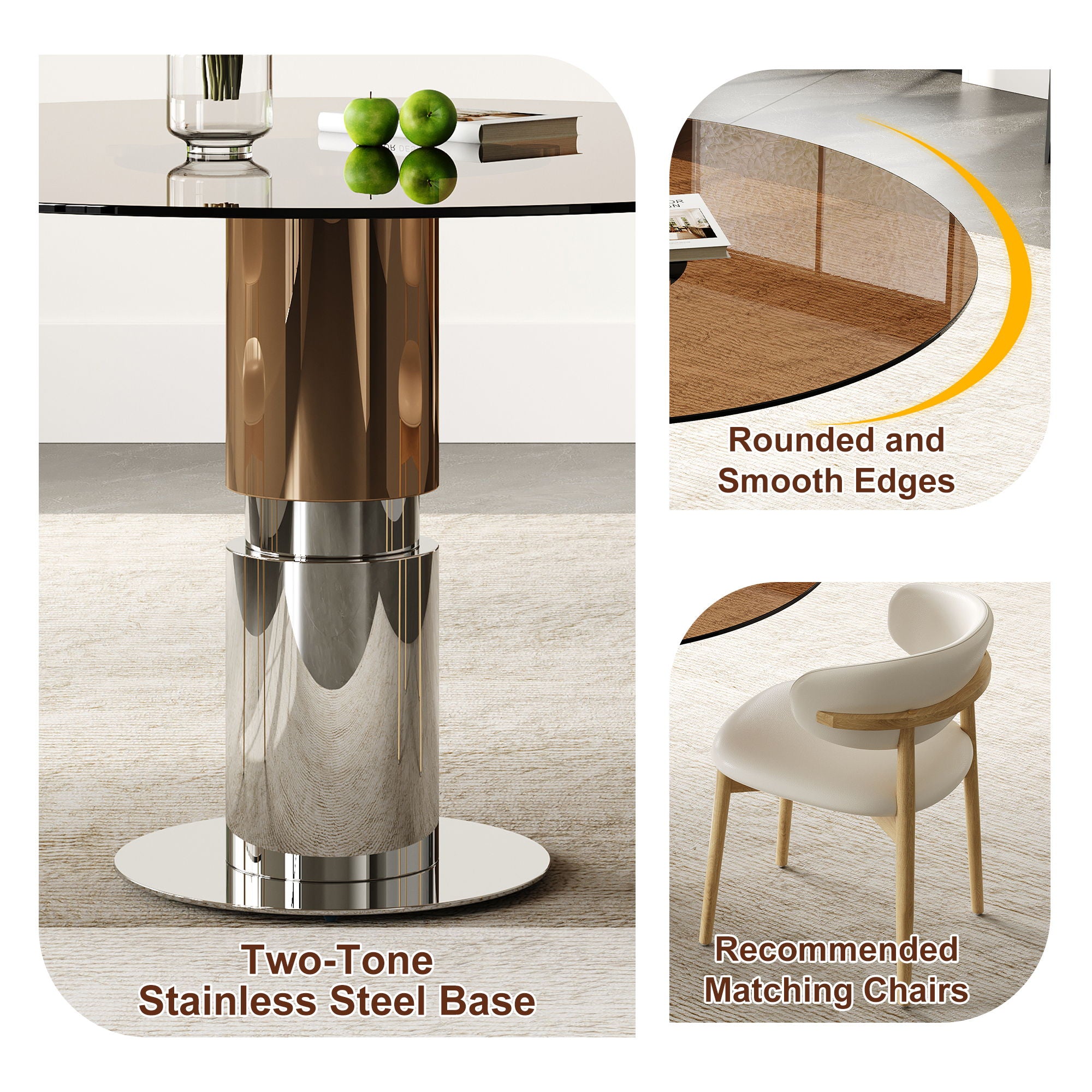 Round Glass Dining Table With Stainless Steel Legs And Chairs