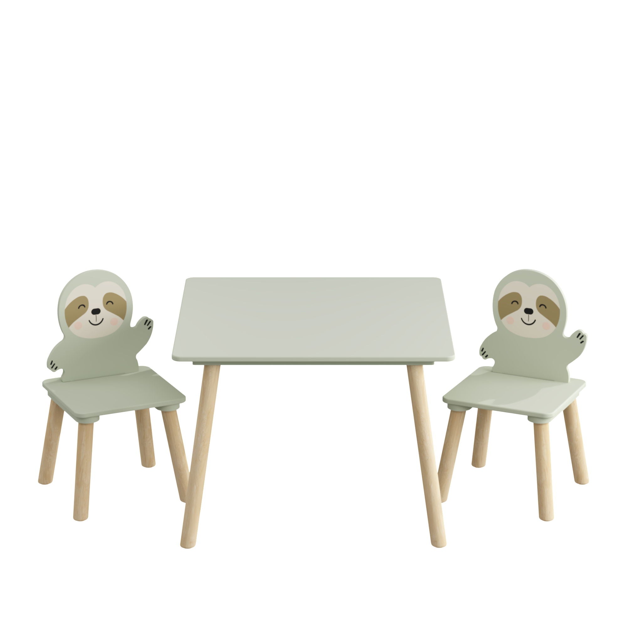 Sloth Themed Table And Chair Set With 2 Cute Animal Chairs - Natural Wood / Sage Green
