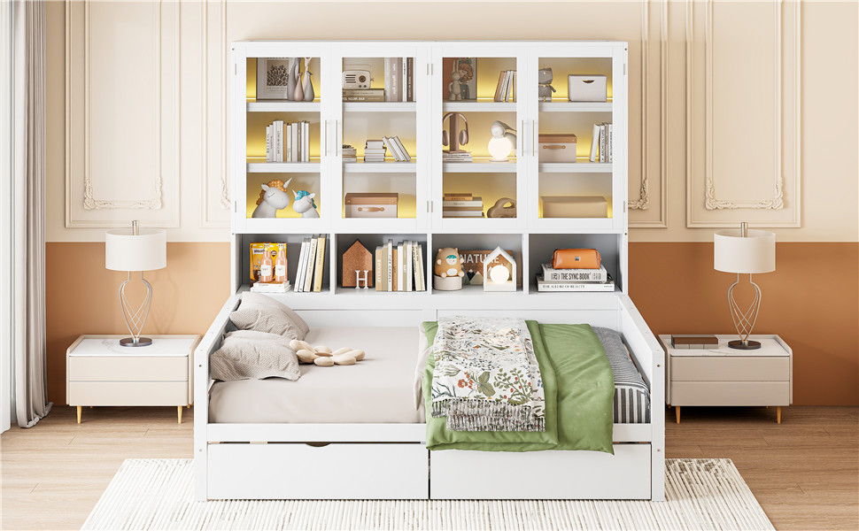 Daybed With Glass Door Storage Cabinets, Built In LED Lighting And Shelves