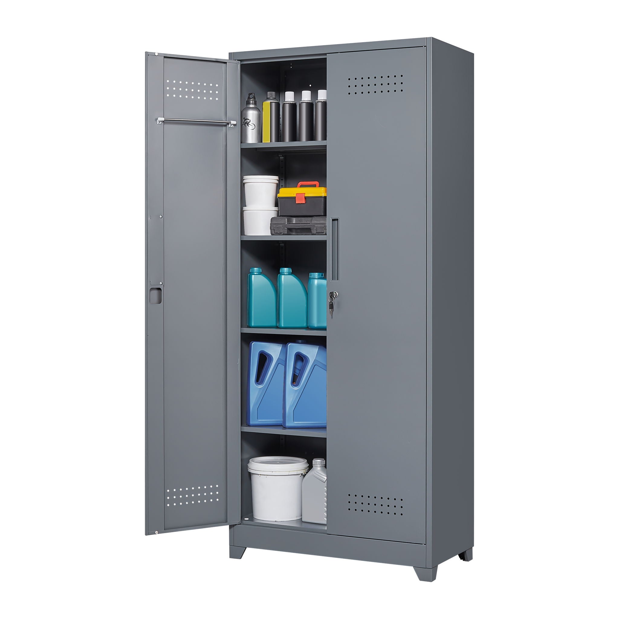Metal Storage Cabinets, Cleaning Tool Cabinet With Locking Door, Tall Broom Tool Organizer And Storage, Large Storage Cabinet For Kitchen