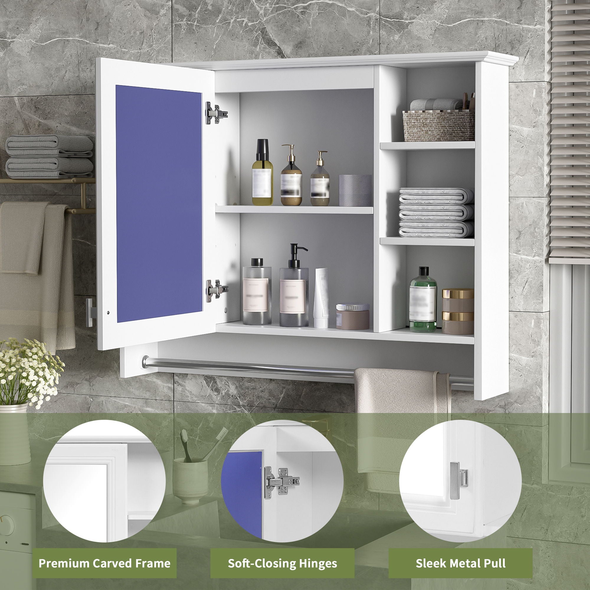 Modern Wall Mounted Mirror Cabinet With Adjustable Shelf, Soft Close Door, And Towel Bar