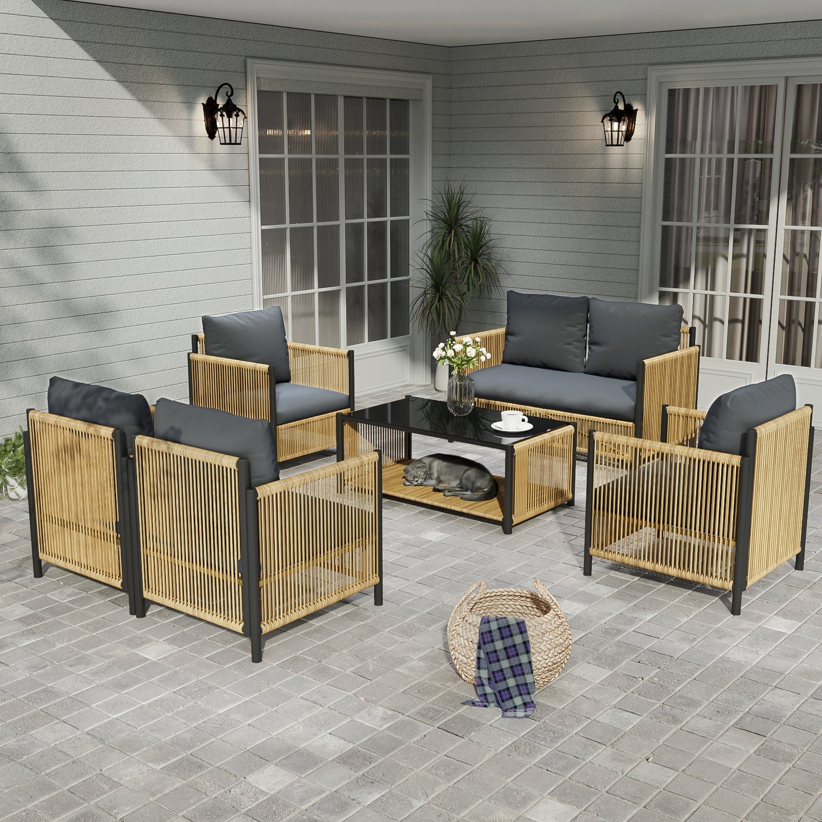 Patio 6-Piece Brown PE Wicker Sofa Set with Grey Cushions
