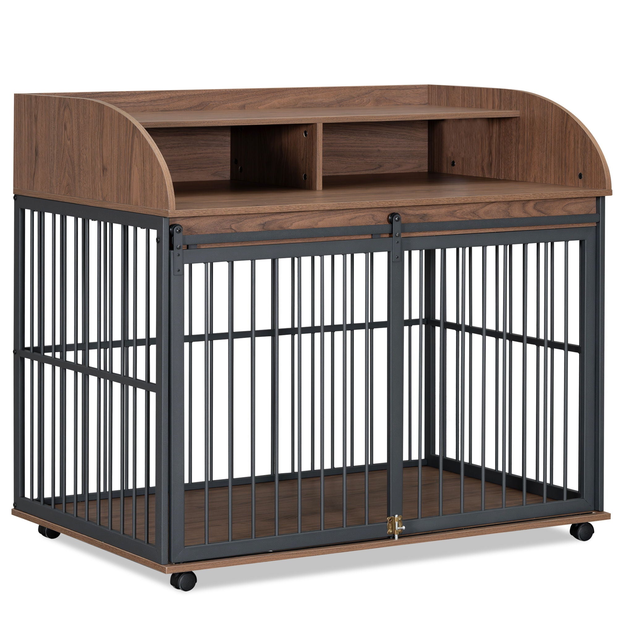 Heavy Duty Dog Crate Furniture For Medium Dog With Lockable Wheels, Wooden Dog Crate Dog Kennel, End Table Crate With Double Layer Storage
