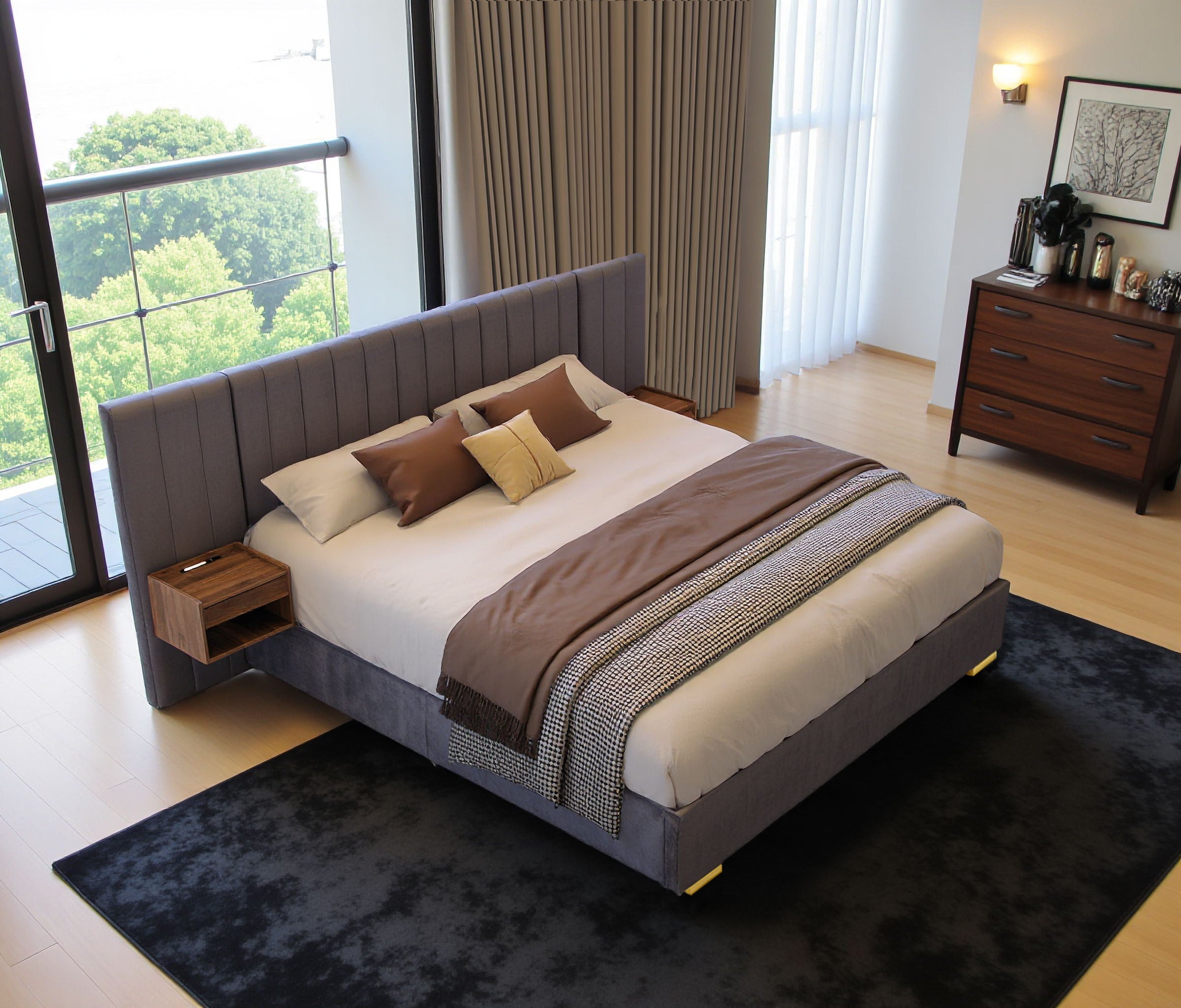 Upholstered Bed Frame Of Velvet Tufted Headboard With Floating Nightstand LED / USB Built