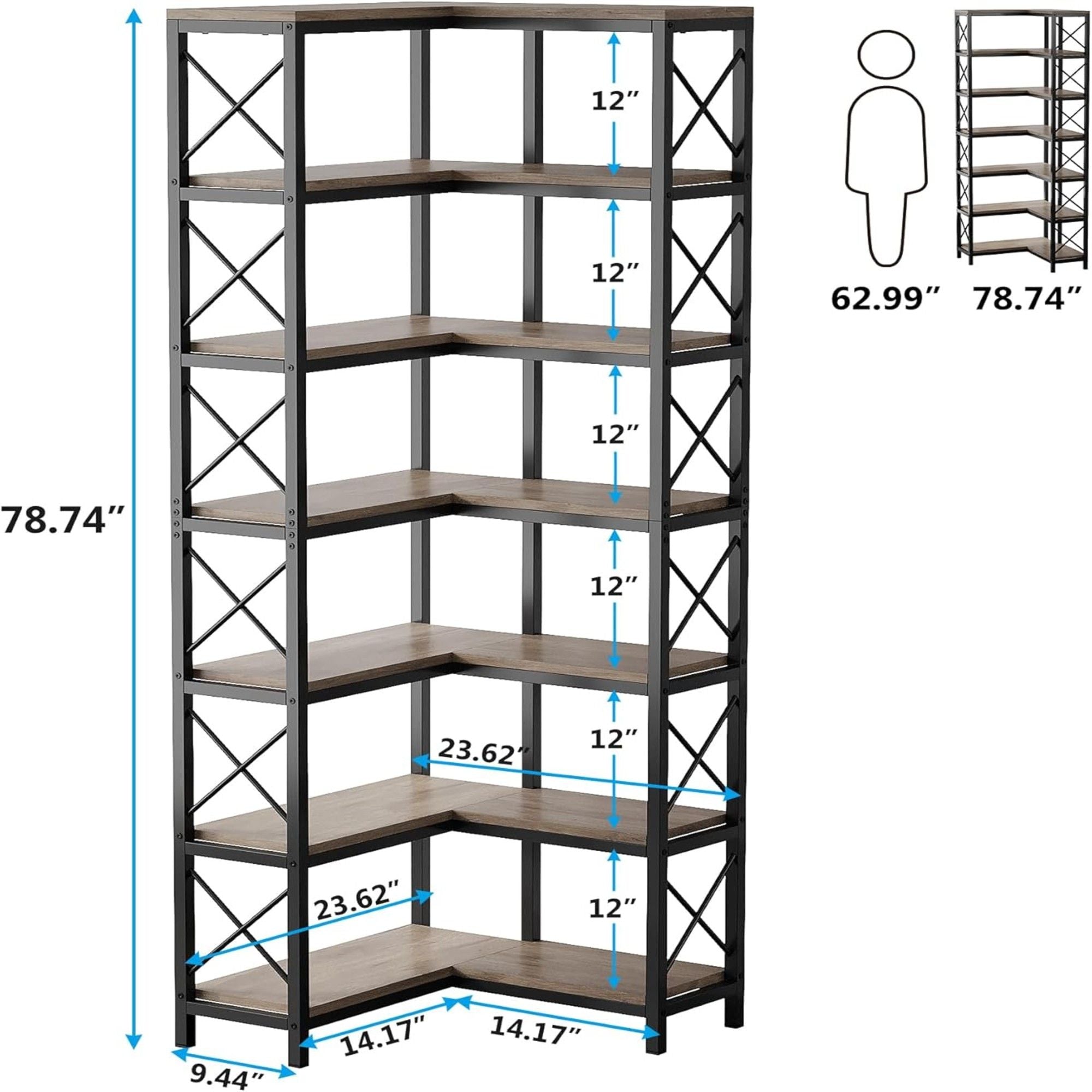 7 Tier Corner Bookshelf, Storage Unit For Living Room