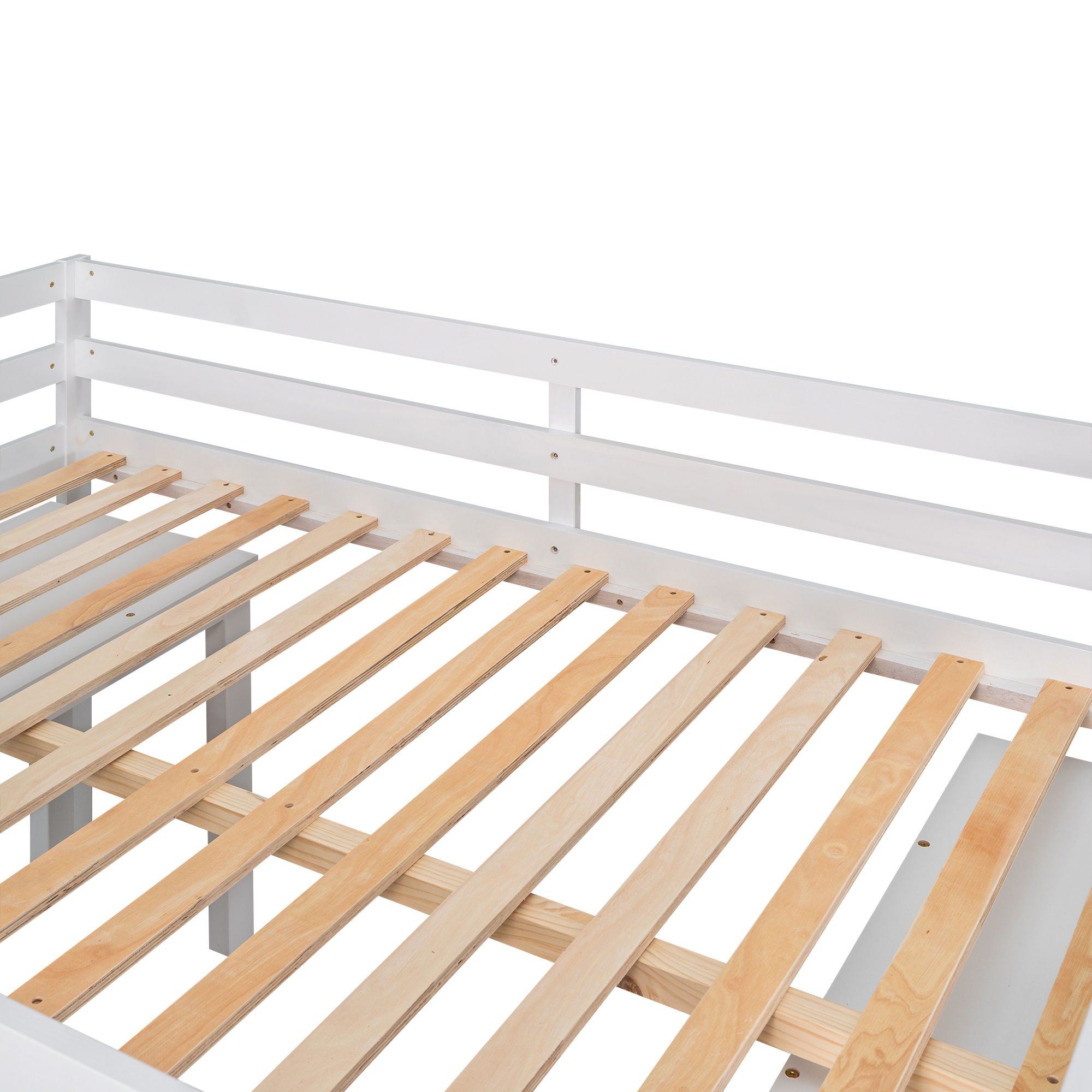 Loft Low Study Bed With Cabinet, Shelves And Rolling Portable Desk, Multiple Functions
