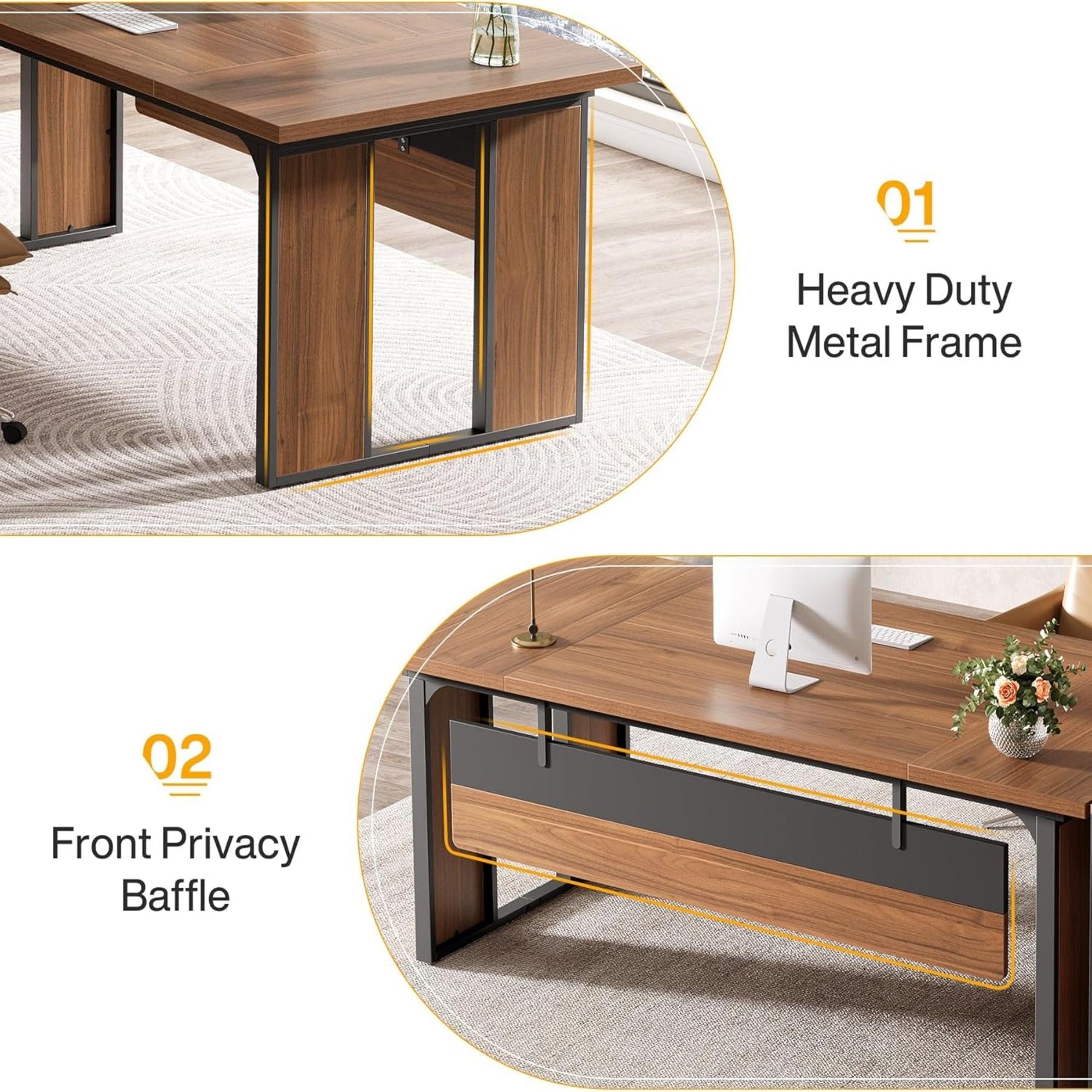 L-Shaped Executive Desk With File Cabinet, Office Computer Desk With Drawers & Open Shelves, Workstation For Home Office - Brown / Black