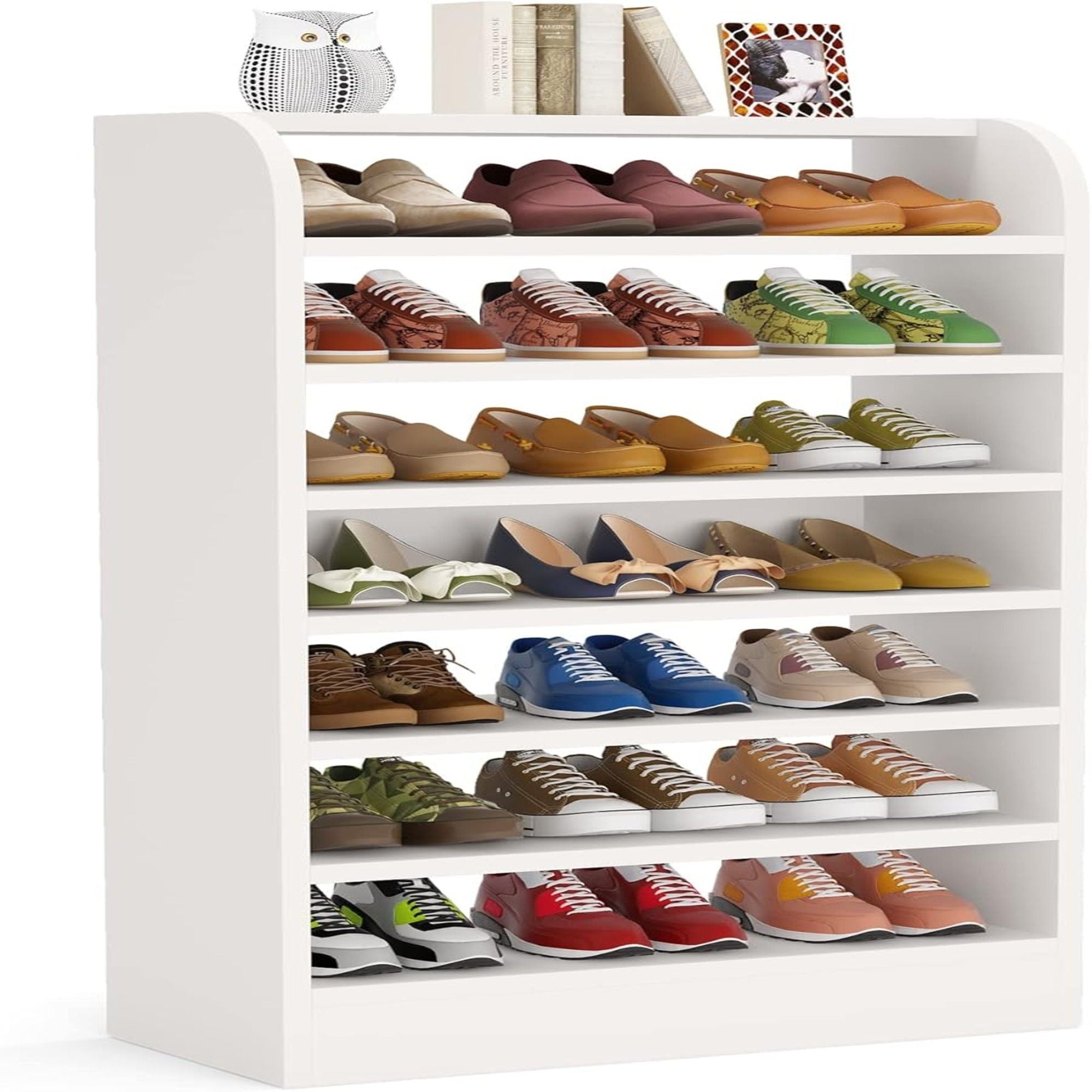 8 Tier Tall Shoe Rack, Wooden Shoe Storage Cabinet, Entryway Organizer - White