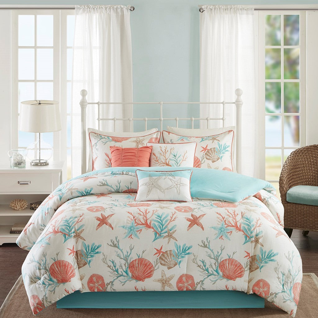 7 Piece Cotton Sateen Comforter Set Coral California King