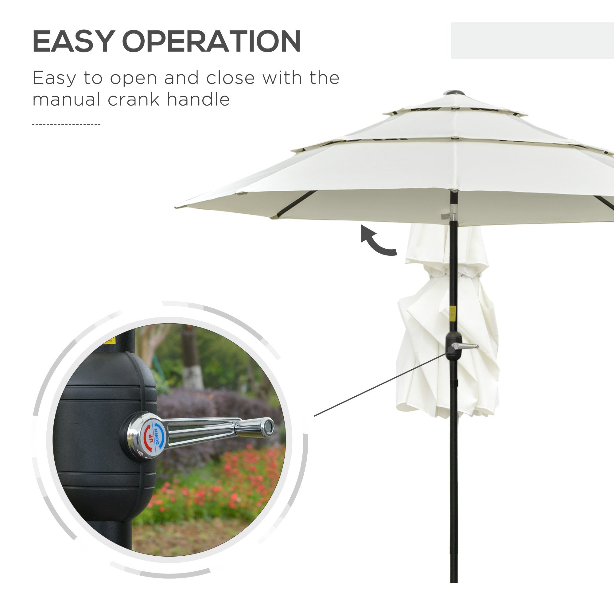 9ft 3 tiers patio umbrella outdoor market umbrella with crank, push button tilt for deck, backyard and lawn, beige