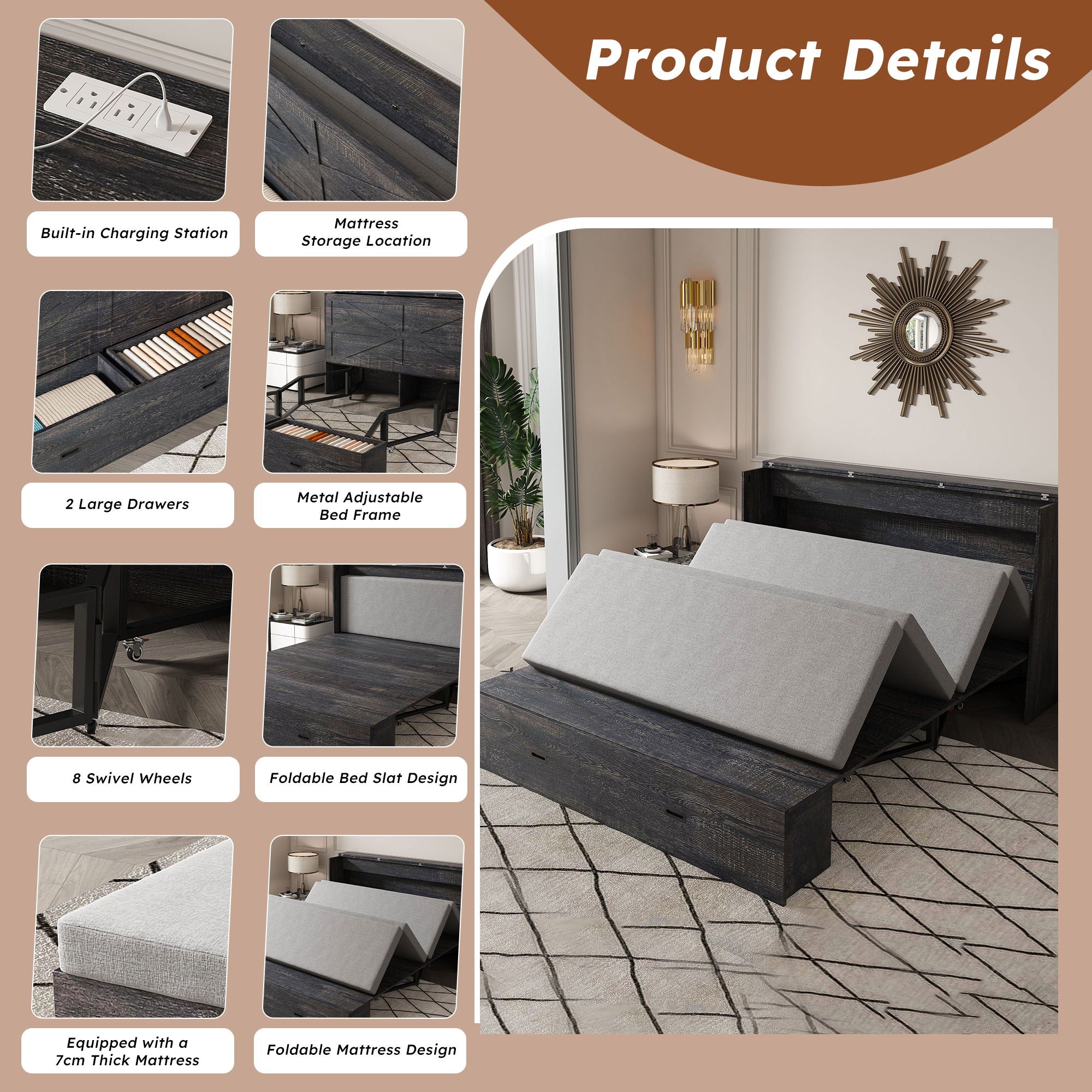 Murphy Bed With Storage Drawers And Charging Cabinet, Foldable Panels, Swivel Wheels