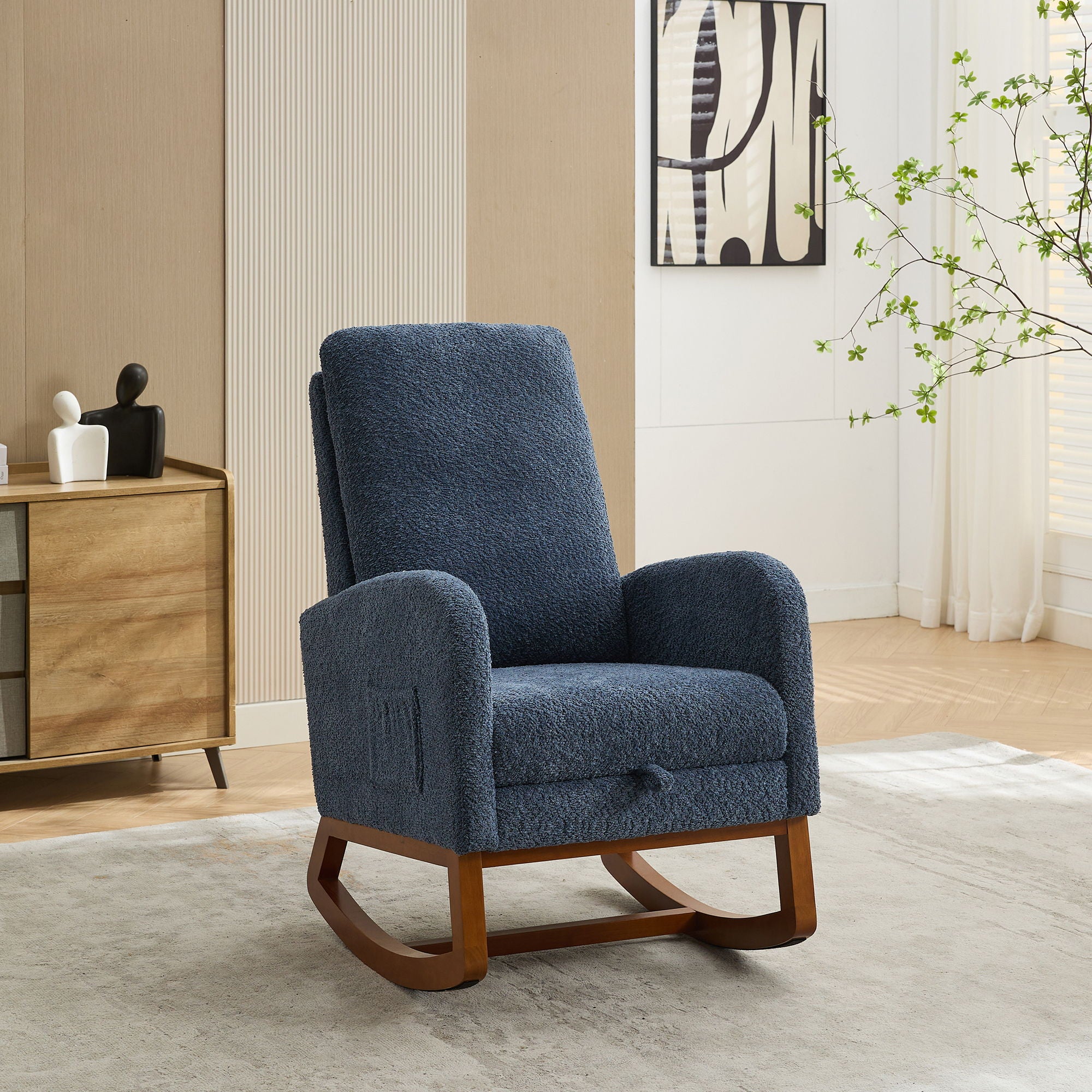High Back Glider Rocking Chair With Retractable Footrest And Rubber Wood Legs