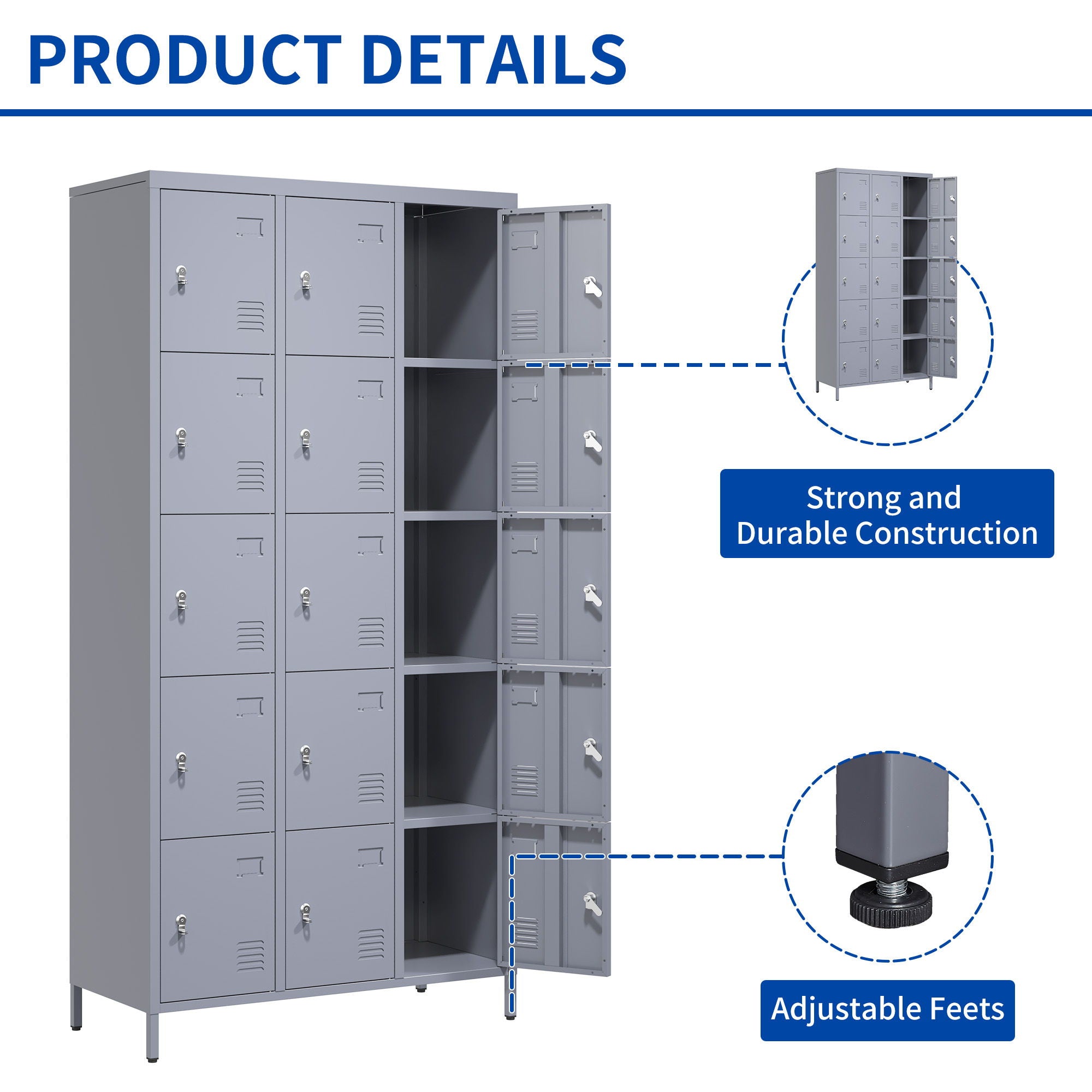 15 Door Lockers With Lock For Storage In Home, Gym, Office, And School - Gray