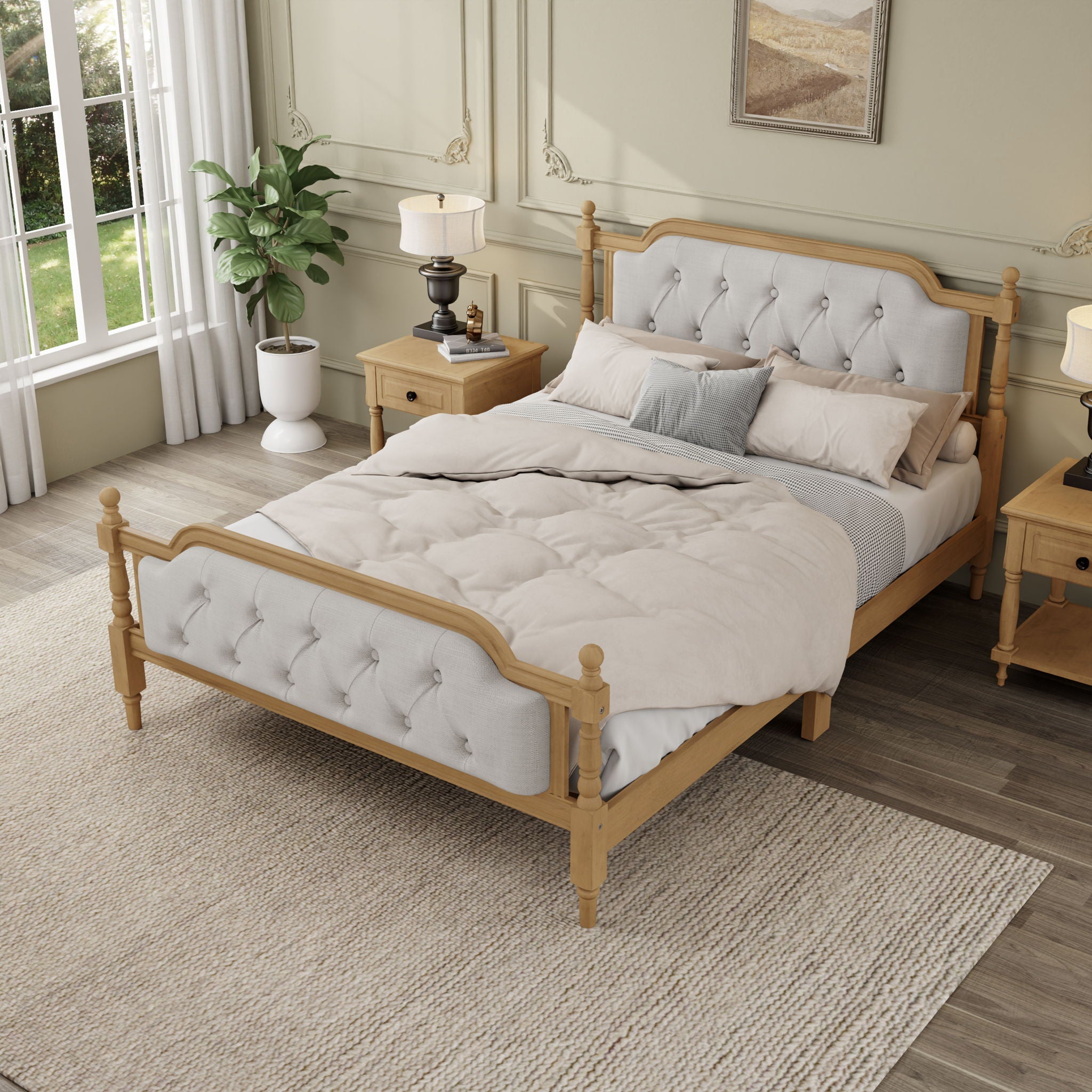 Traditional Style Solid Bed Frame With Upholstered Tufted Headboard, No Box Spring Needed