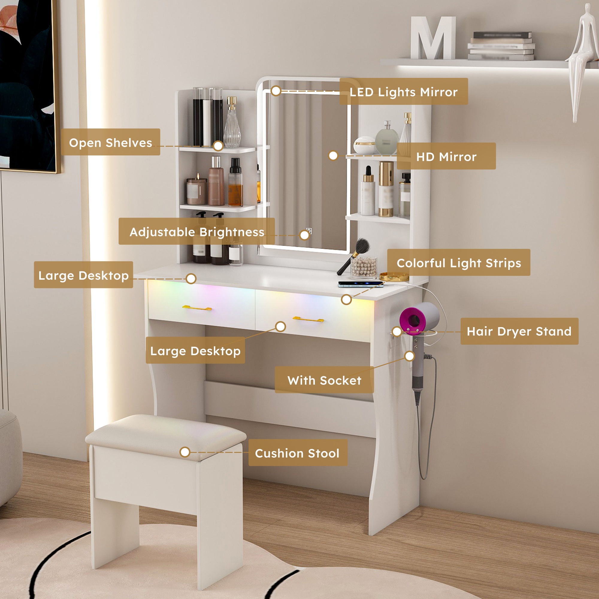 Vanity Desk With LED Lights Mirror, Power Outlet, Storage Drawers & Chair - White