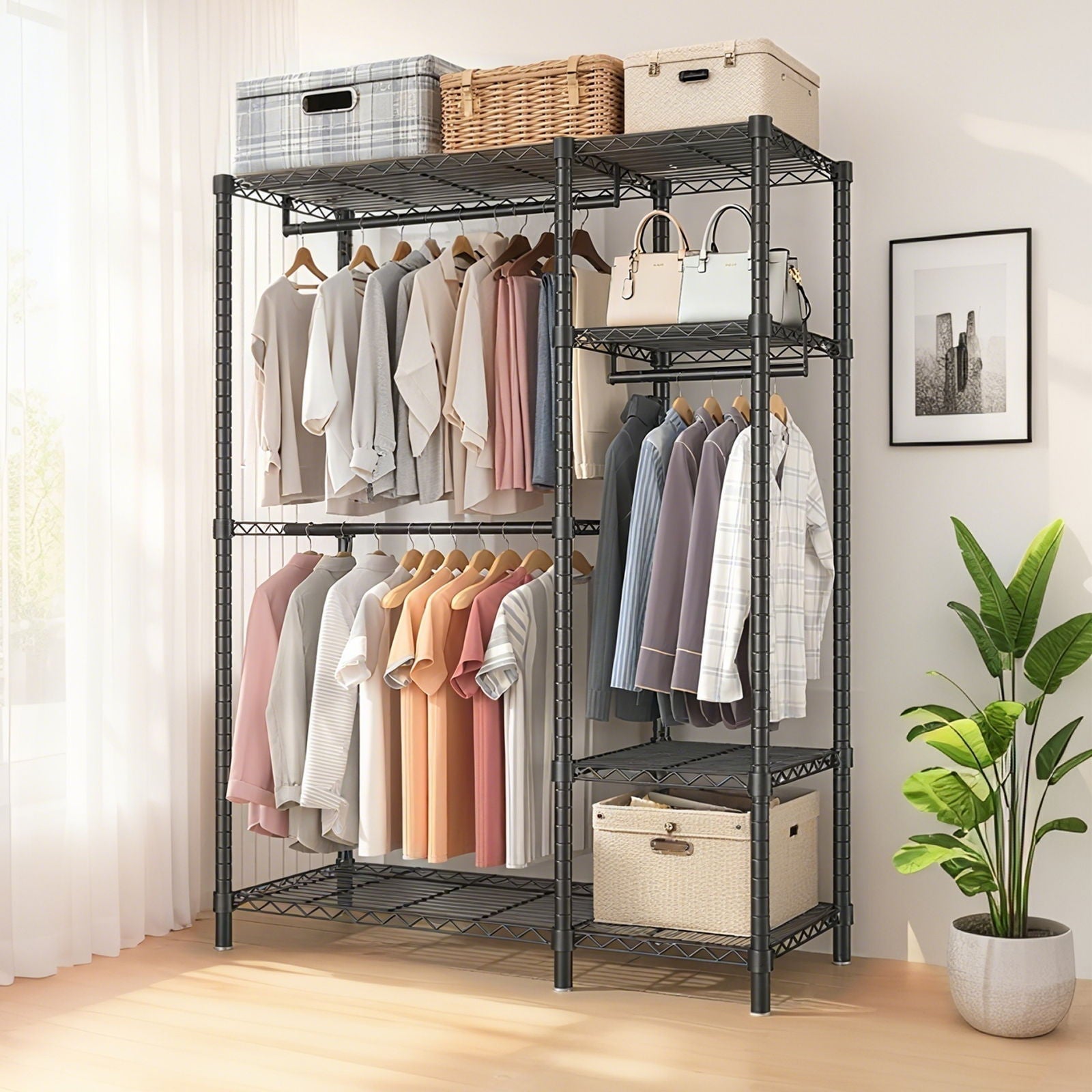 Freestanding Clothes Rack, With 6 Adjustable Wire Shelves And 3 Garment Rails - Black