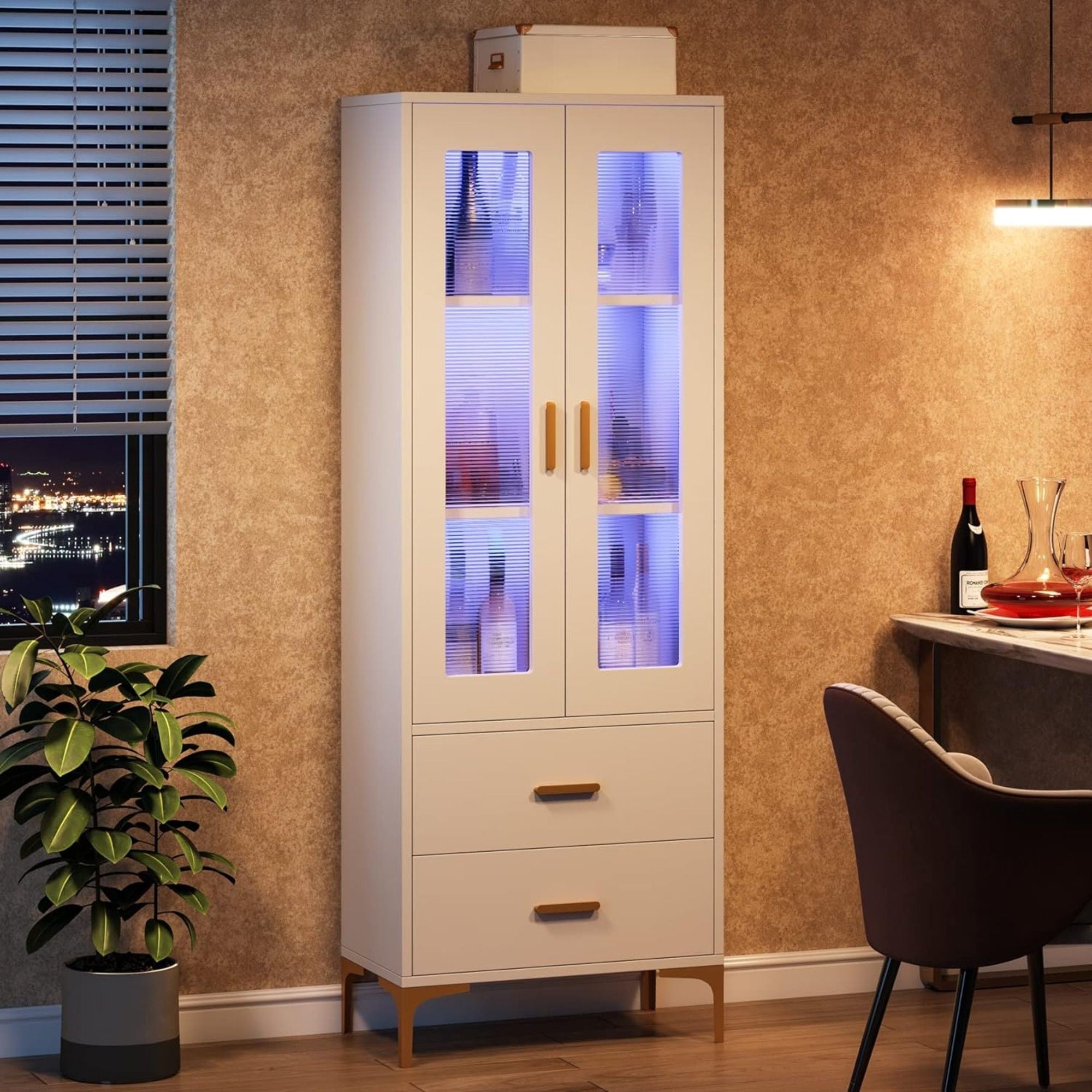 Bookcase With Doors, Drawers & RGB LED Light Tall Storage Cabinet For Living Room - White