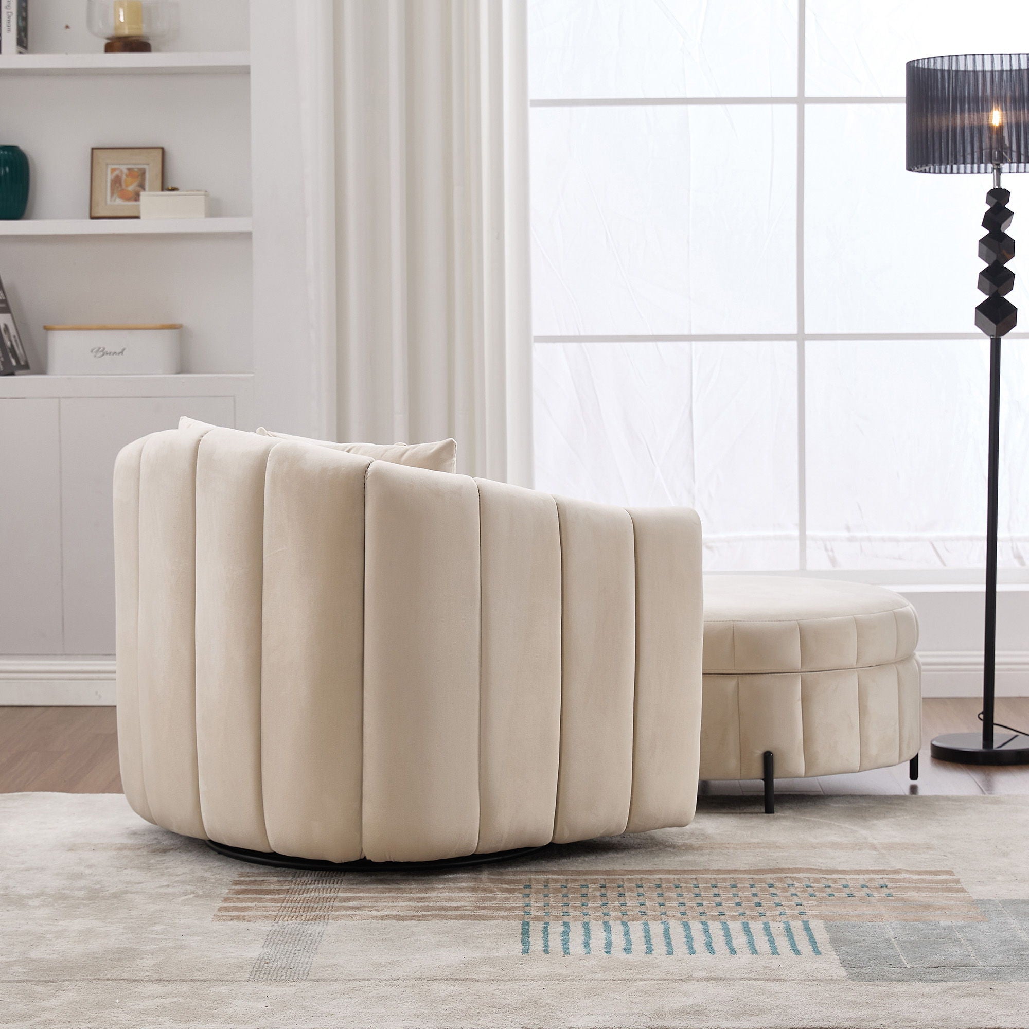 Oversized Velvet Swivel Barrel Accent Chair And Ottoman Set With Storage