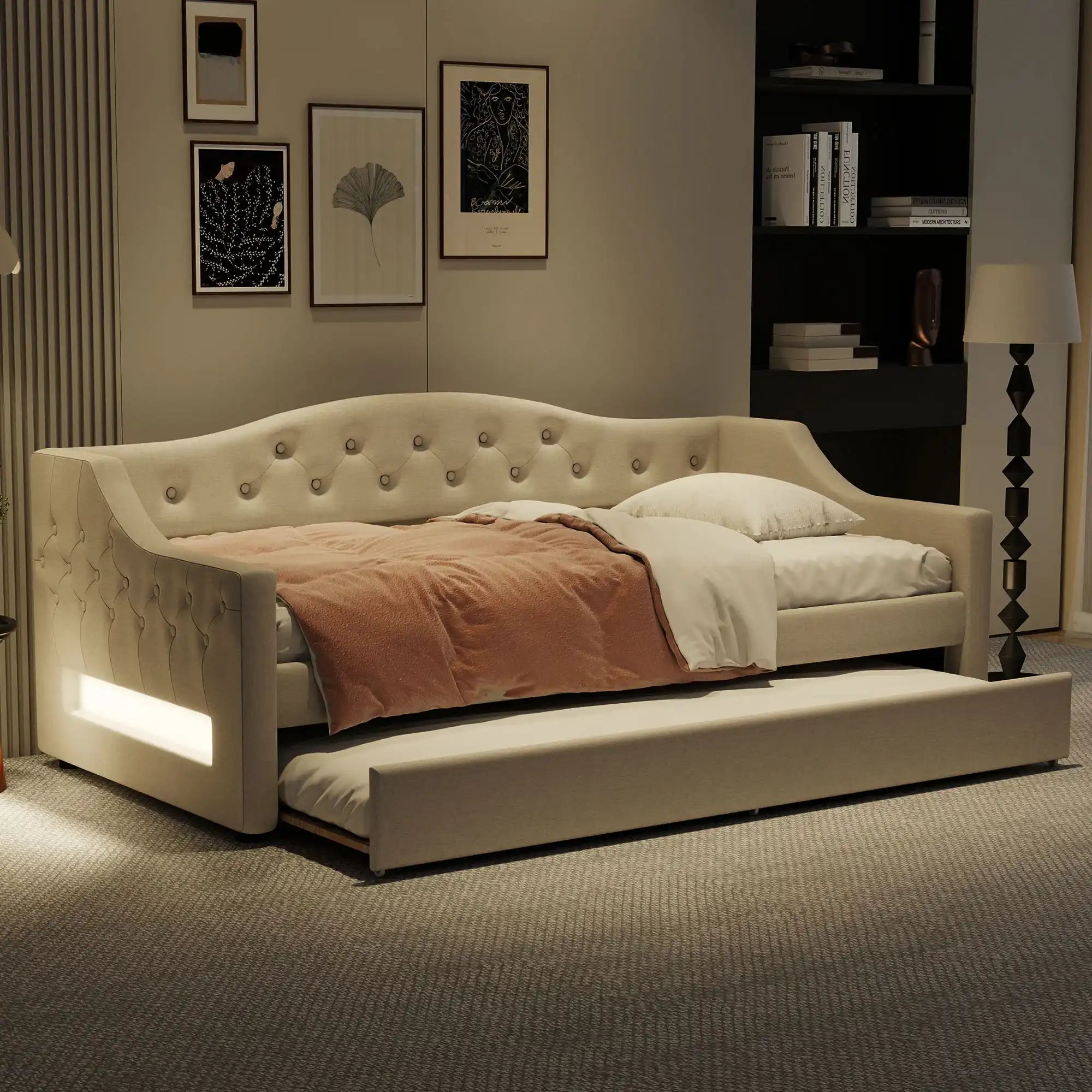 Upholstered Twin XL Size Daybed with LED Belt and Trundle, Beige