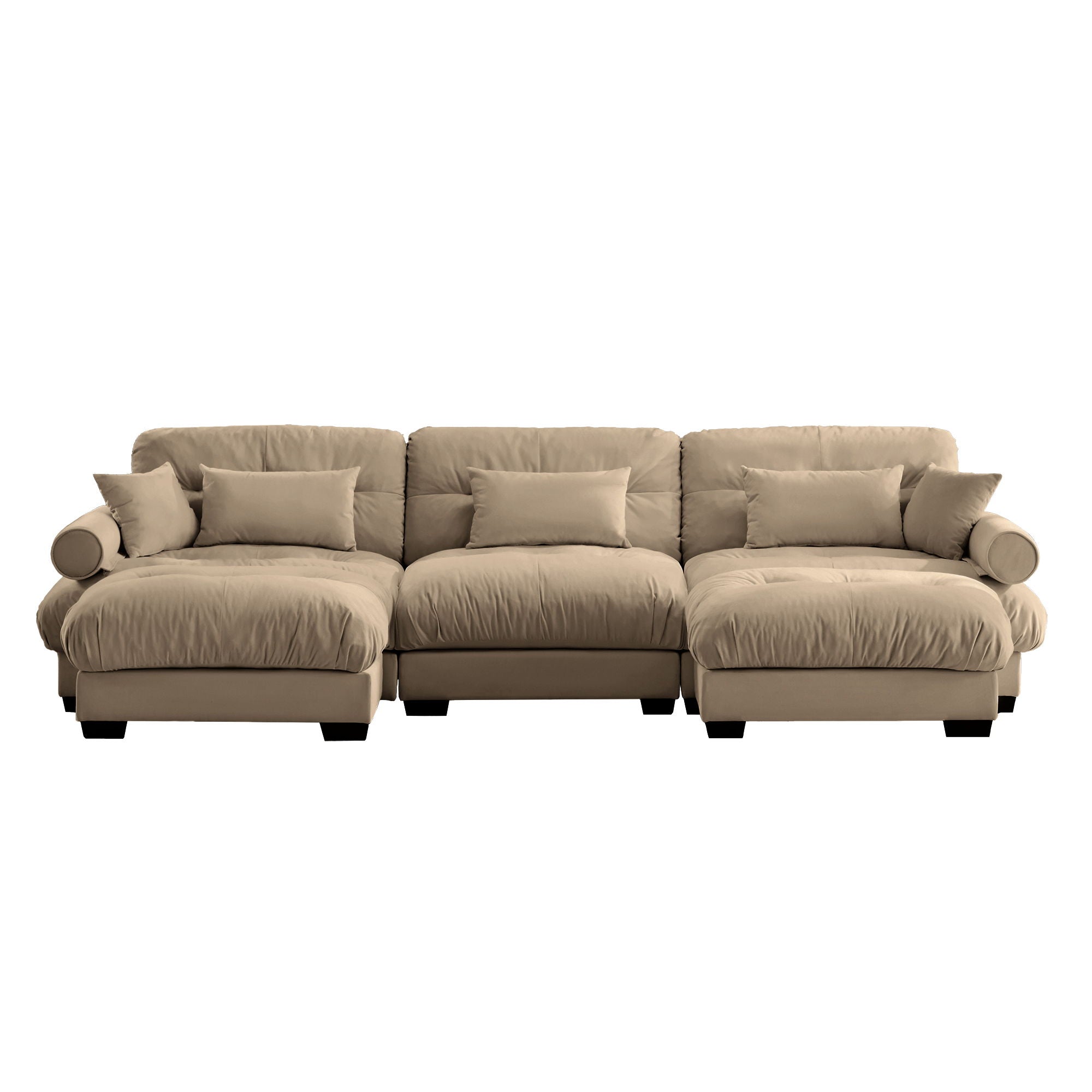 Modern Sectional Sofa With Ottoman, Round Bolster Armrests, Waist And Throw Pillows