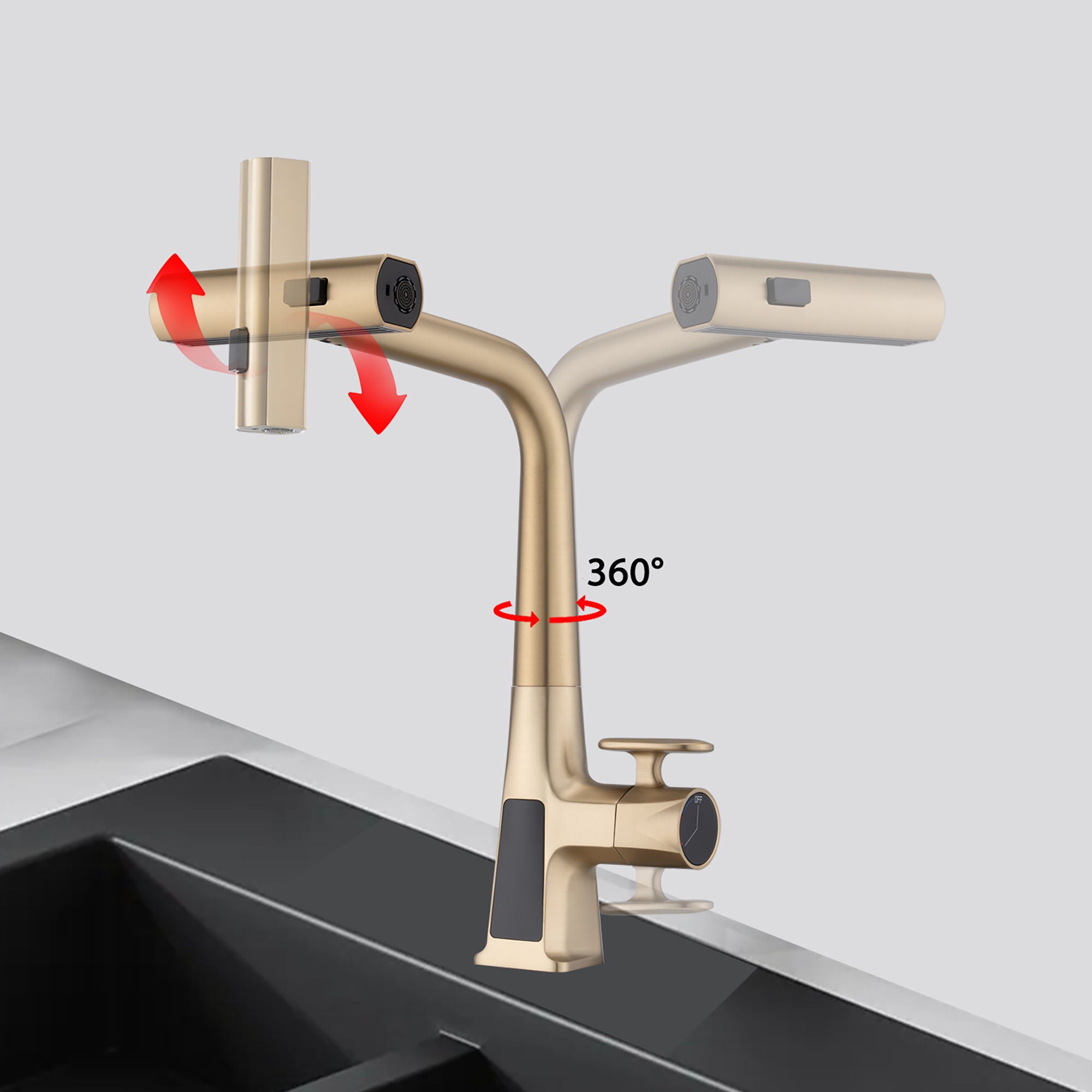 Waterfall Kitchen Faucet With Temperature Display And Pull Down Sprayer - Brushed Gold