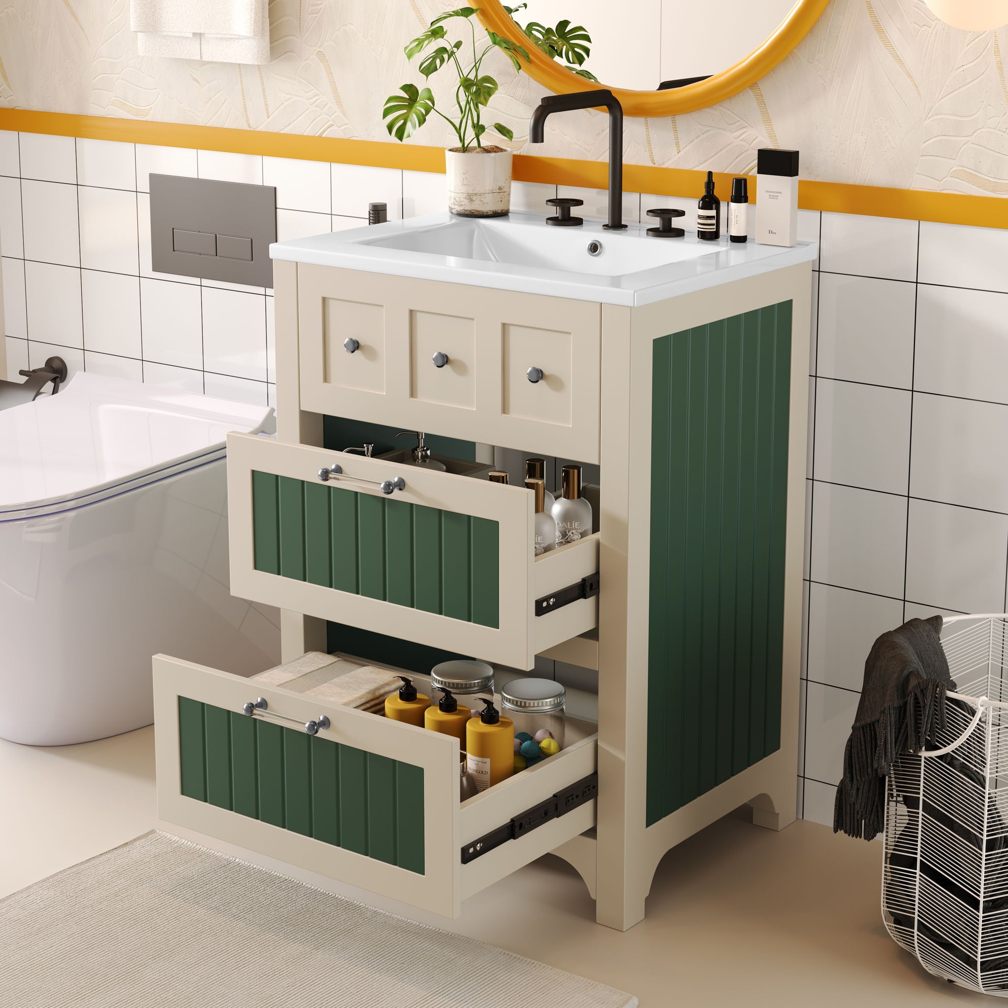Bathroom Vanity With Ceramic Sink, Bathroom Vanity Cabinet With 2 Drawers, Wooden Bathroom Sink Cabinet - Beige / Green