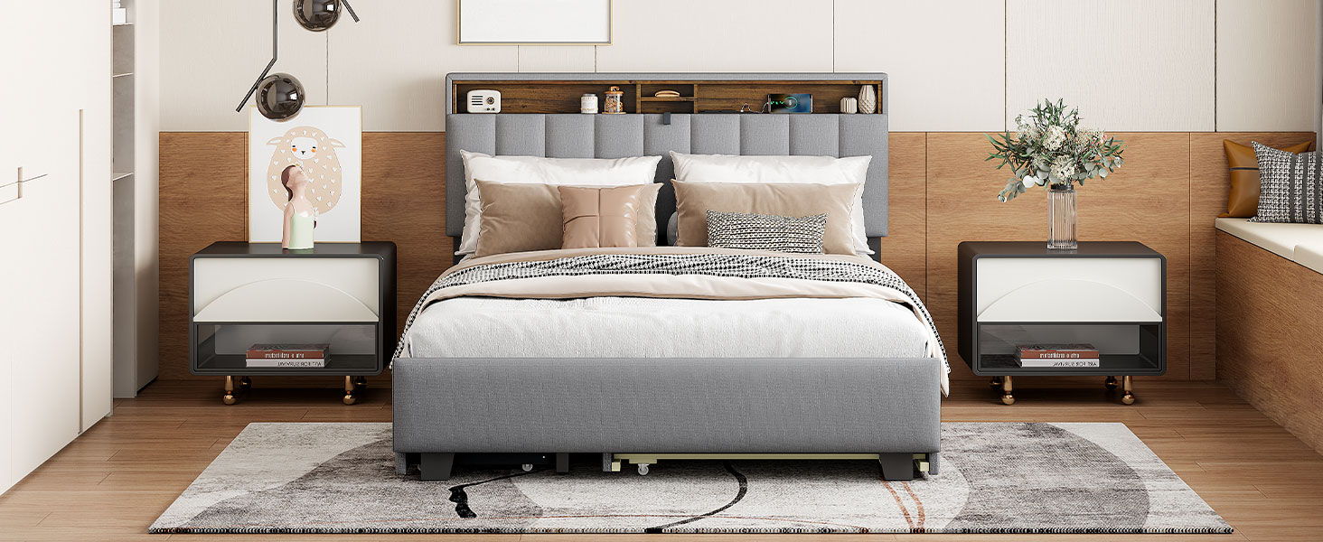 Upholstered Platform Bed With Storage Headboard, Trundle & 2 Drawers And A Set Of Sockets & USB Ports