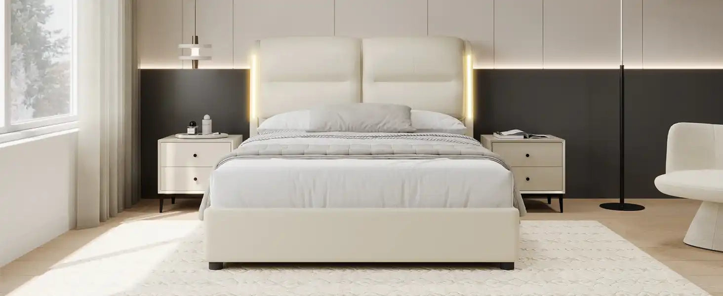 Upholstered Queen Size Hydraulic Platform Bed with Lift Up Storage and Sensor LED Lights - Best Buy Furniture